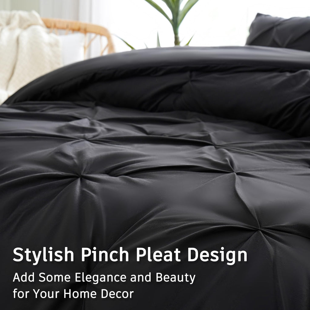 Downcool Queen Comforter Set - 3 Pieces Cute Pinch Pleat Bed Set, Soft Fluffy Comforters Queen Size Black, Down Alternative Bedd
