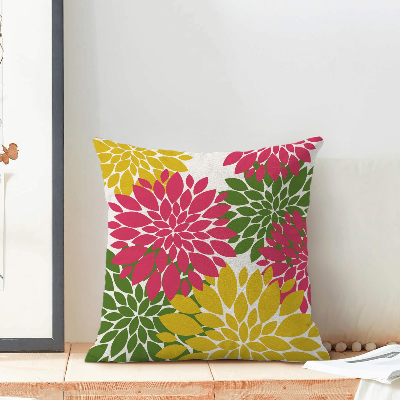 Cxmeifly Hot Pink Summer Outdoor Pillow Covers 18X18 Inch Set Of 2 Yellow Green Dahlia Floral Decor Throw Pillows Modern Geometr