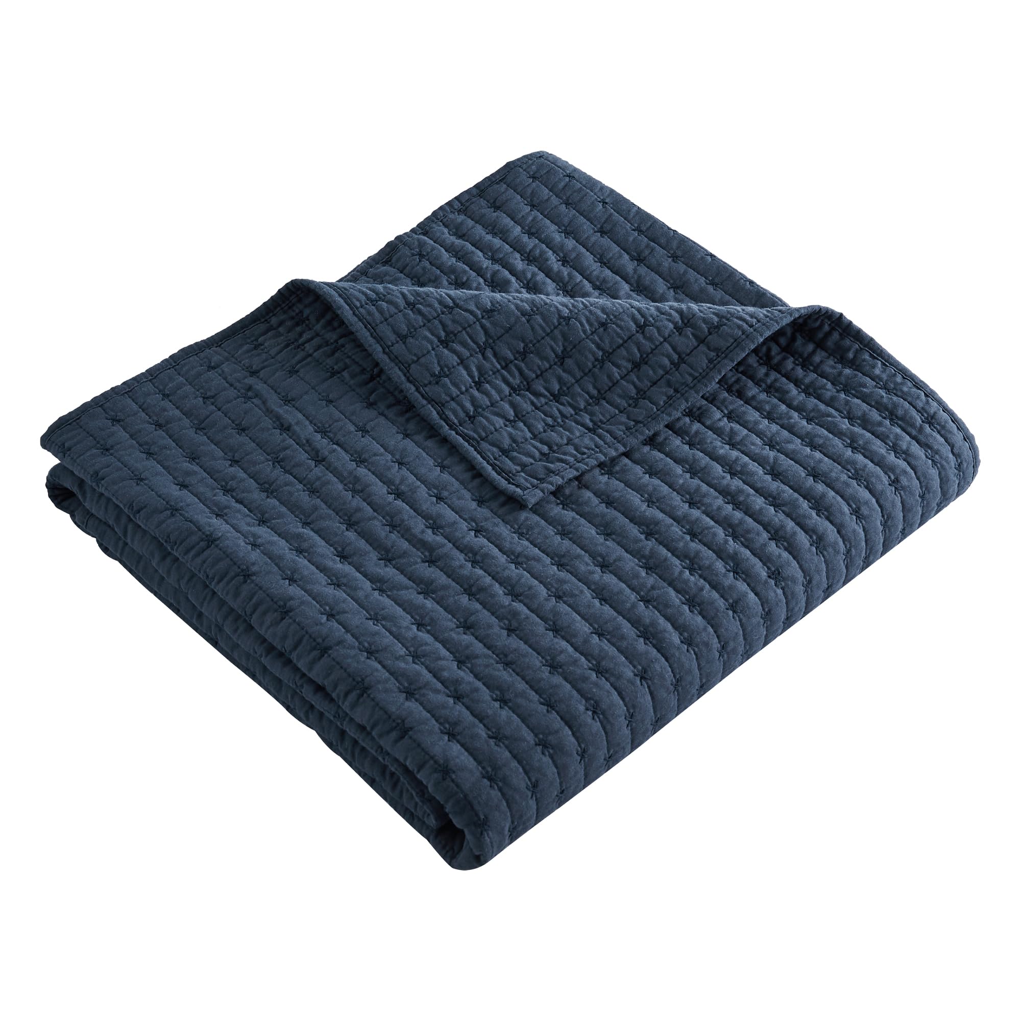 Levtex Home - Cross Stitch - Quilted Throw - 50X60In. - 100% Cotton - Reversible Pattern - Navy With Matching Stitching