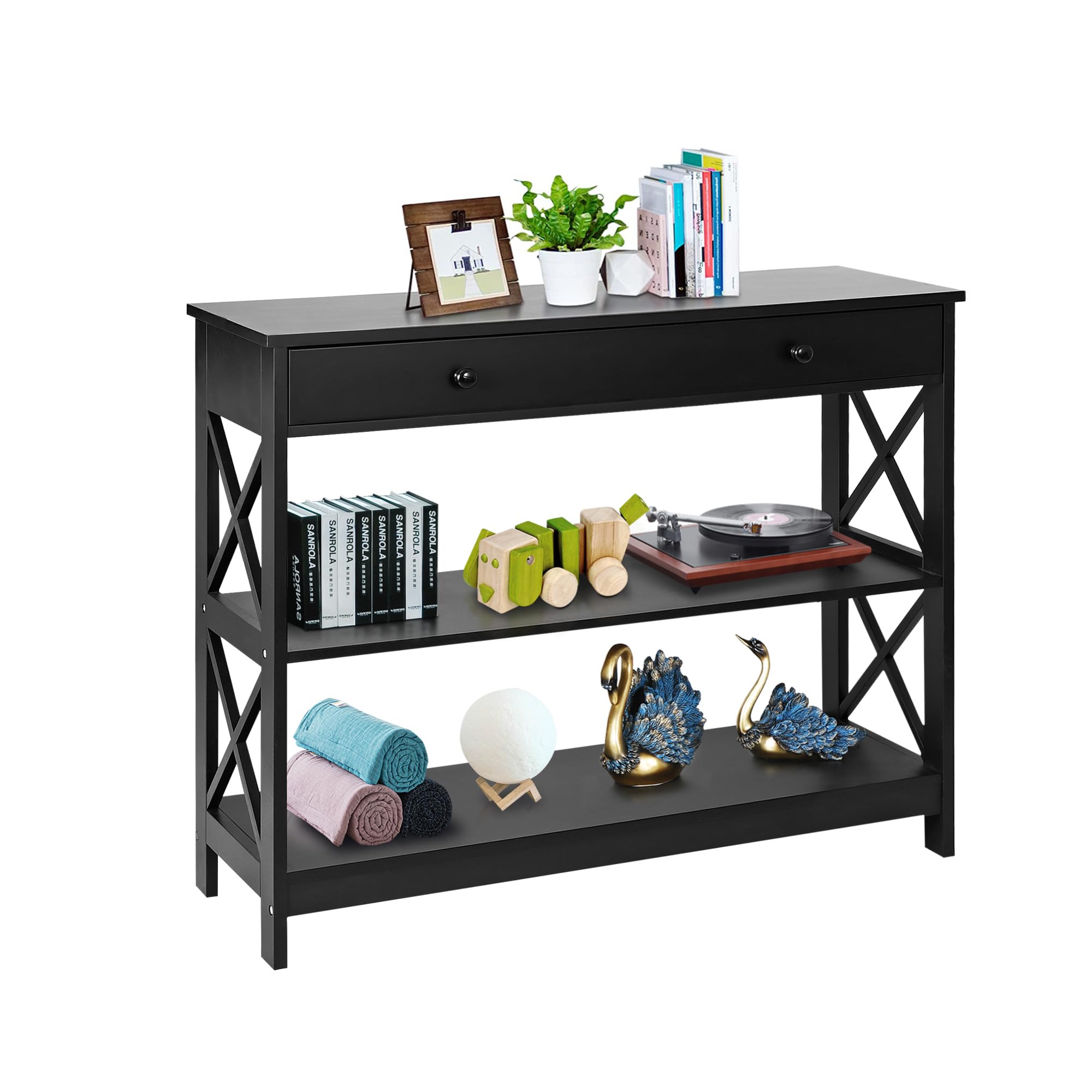 Super Deal Wood Console Table 3 Tier Sofa Table With Drawer And Storage Shelves Narrow Entryway Table Hallway Table For Living Room Bedroom, Stable X Frame Design, 39.5 Inch Long Black
