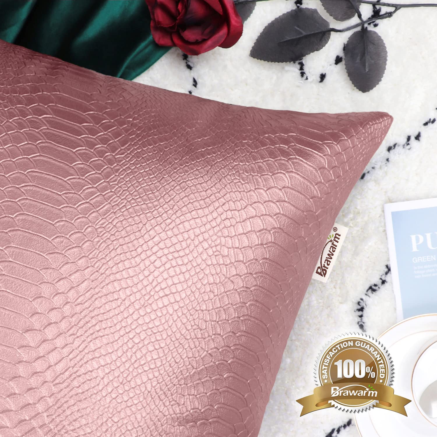 Brawarm Rose Gold Leather Throw Pillows 16 X 16 Inches, Snake Leather Pillow Covers Pack Of 2, Faux Leather Decorative Pillow Co