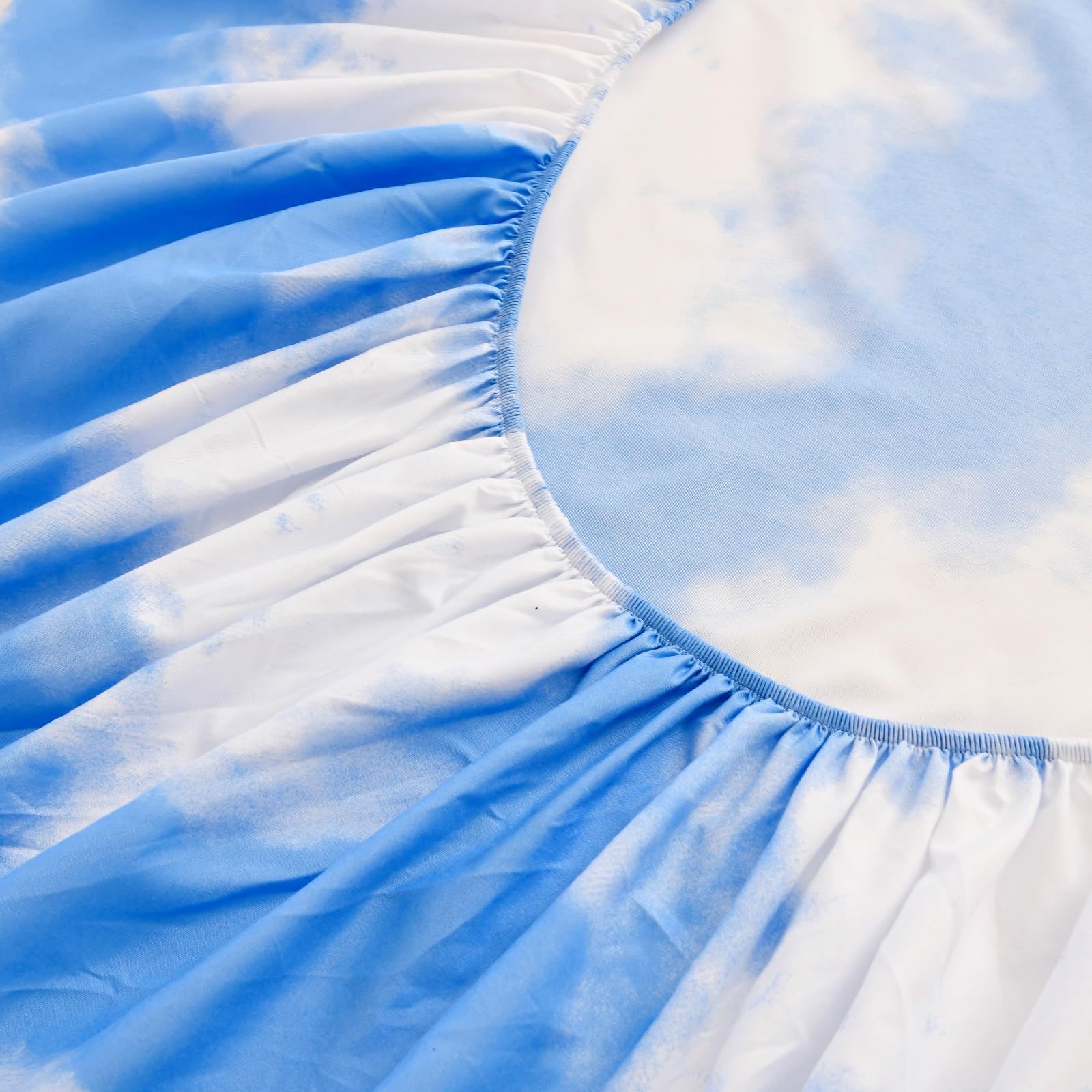 Naturety Bedding Fitted Sheet With Deep Pocket For Single Bed Mattress Cover Sheets,White Cloud Printed Fabric Bed Sheets (Blue Sky, Twin)
