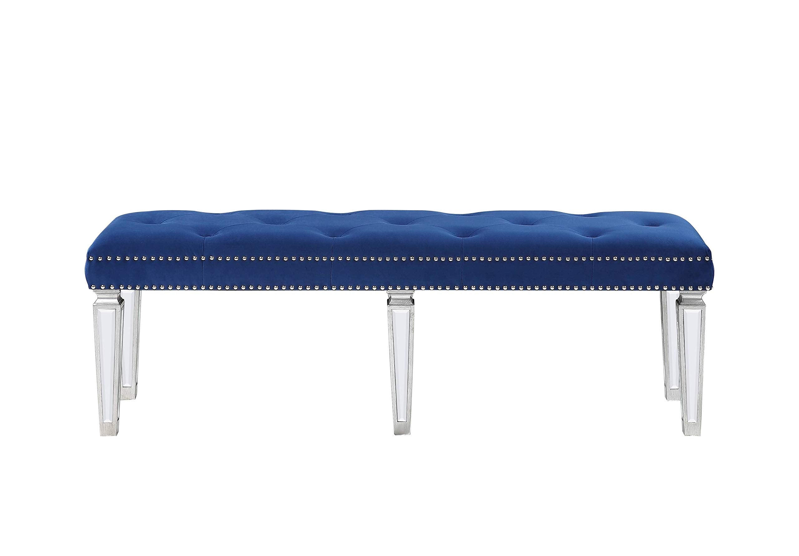 Acme Varian Tufted Upholstered Bench in Blue Velvet and Mirrored