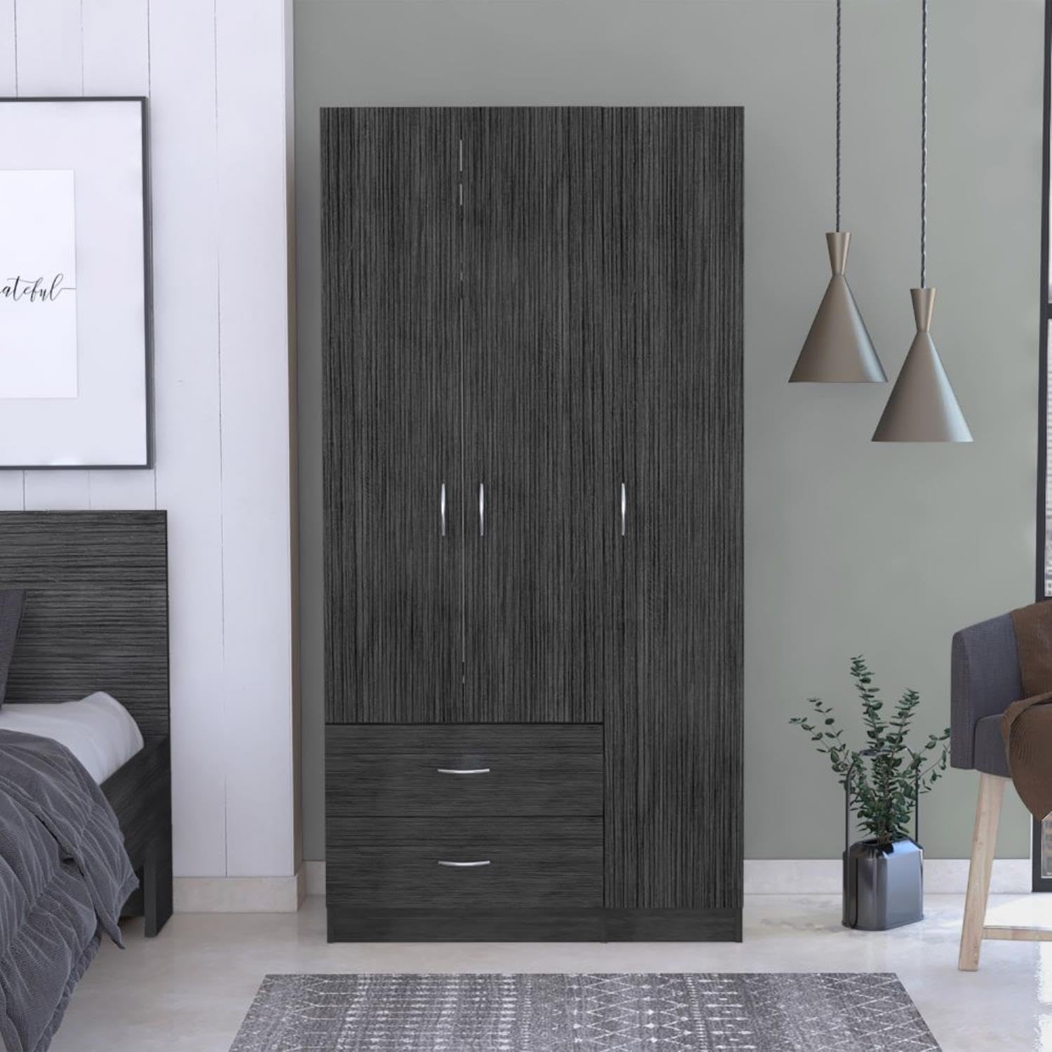 Bosko 3 Doors Armoire, 2 Drawers, Metal Rod, Four Shelvez, Smokey Oak/White