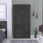 Bosko 3 Doors Armoire, 2 Drawers, Metal Rod, Four Shelvez, Smokey Oak/White