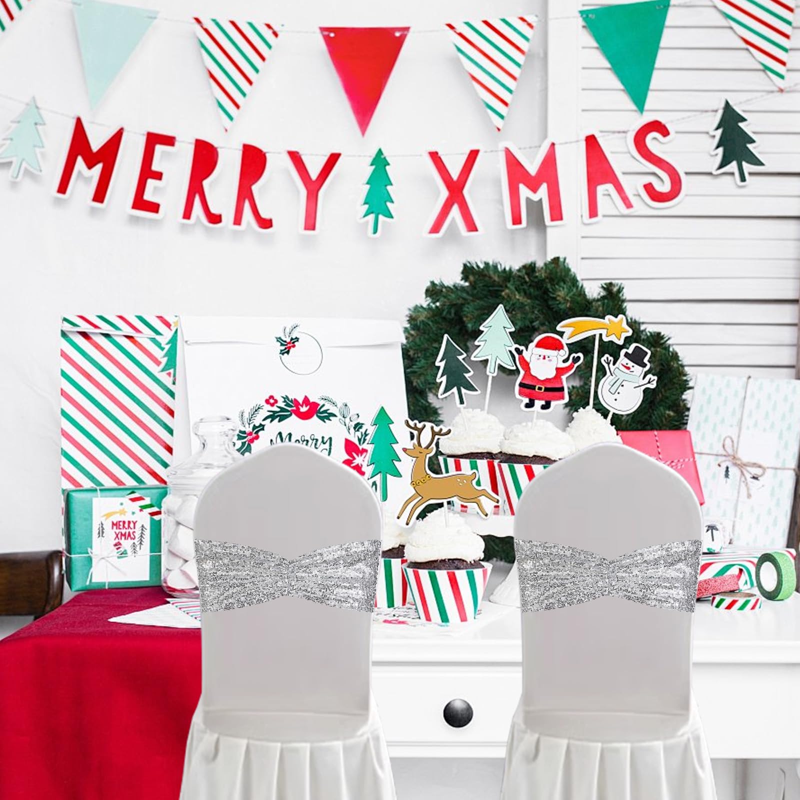 Eternal Beauty Set Of 10 Sequin Chair Sashes Silver Chair Sashes For Wedding Hotel Party Banquet Chairs Decorations