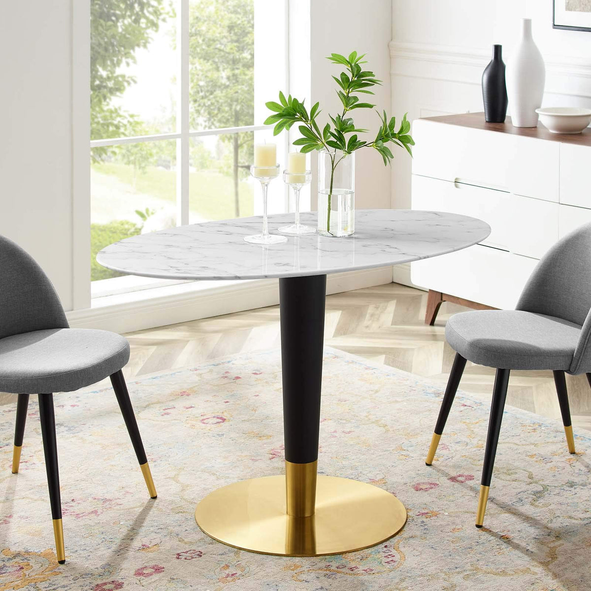 Modway Zinque Artificial Marble Dining Table, 48 Inch, Gold White