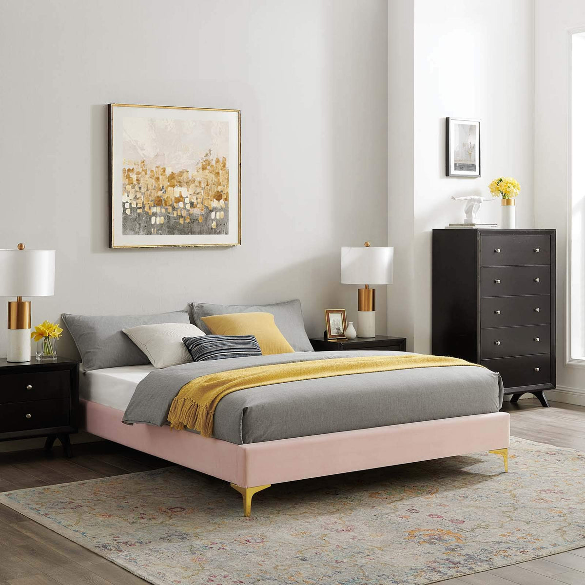 Modway Mod-6305-Pnk Sutton Twin Performance Velvet Bed Frame, Pink