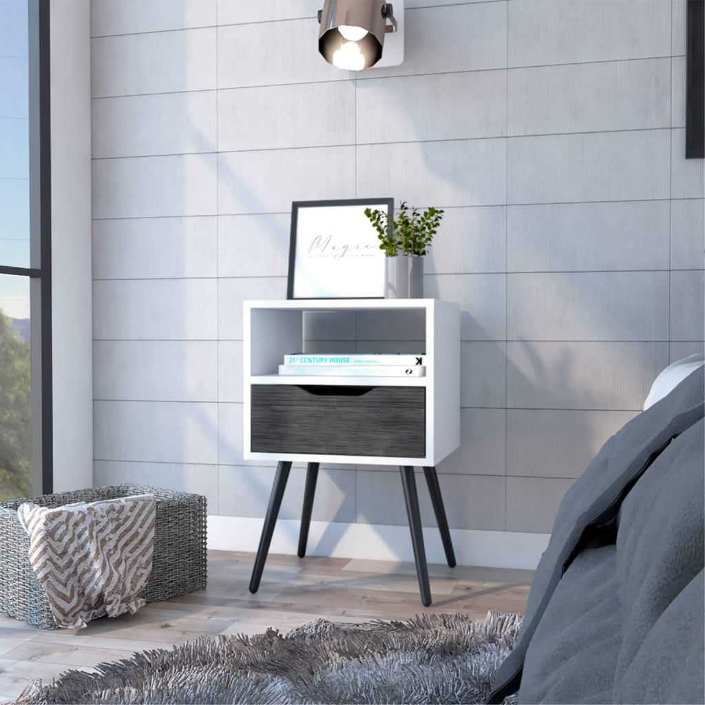 Nightstand 25&Quot; H, Superior Top, 4 Legs, 1 Open Shelf, 1 Drawer, Smokey Oak/White