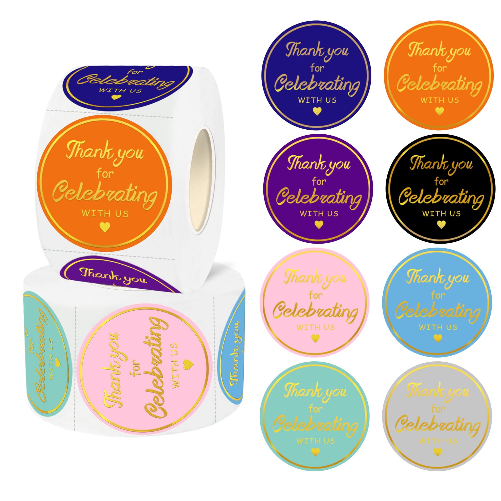 Yeachlaing Thank You Stickers,600 Pcs 1.5 Inch Thank You For Celebrating With Us Stickers Roll,8 Colors Thank You Stickers For P