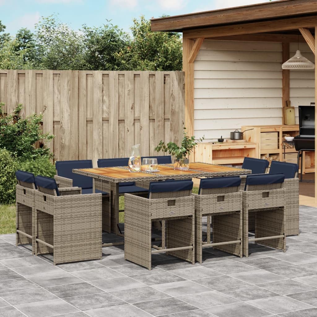 vidaXL Patio Dining Set with Cushions - 11 Piece Poly Rattan Outdoor Garden Furniture in Gray with Acacia Wood Tabletop and Navy Blue Cushions - Foldable Chairs for Compact Storage