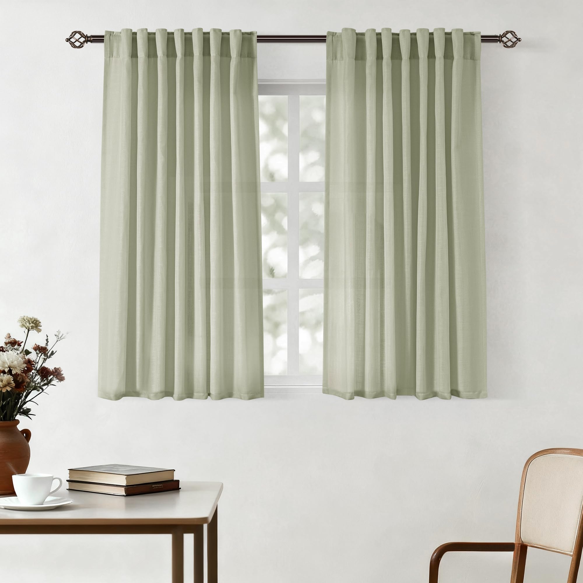 Linen Blend Sage Green Curtains 45 inch Length 2 Panels for Bedroom Back Tab Light Filtering Semi Sheer Drapes Linen Cotton Text