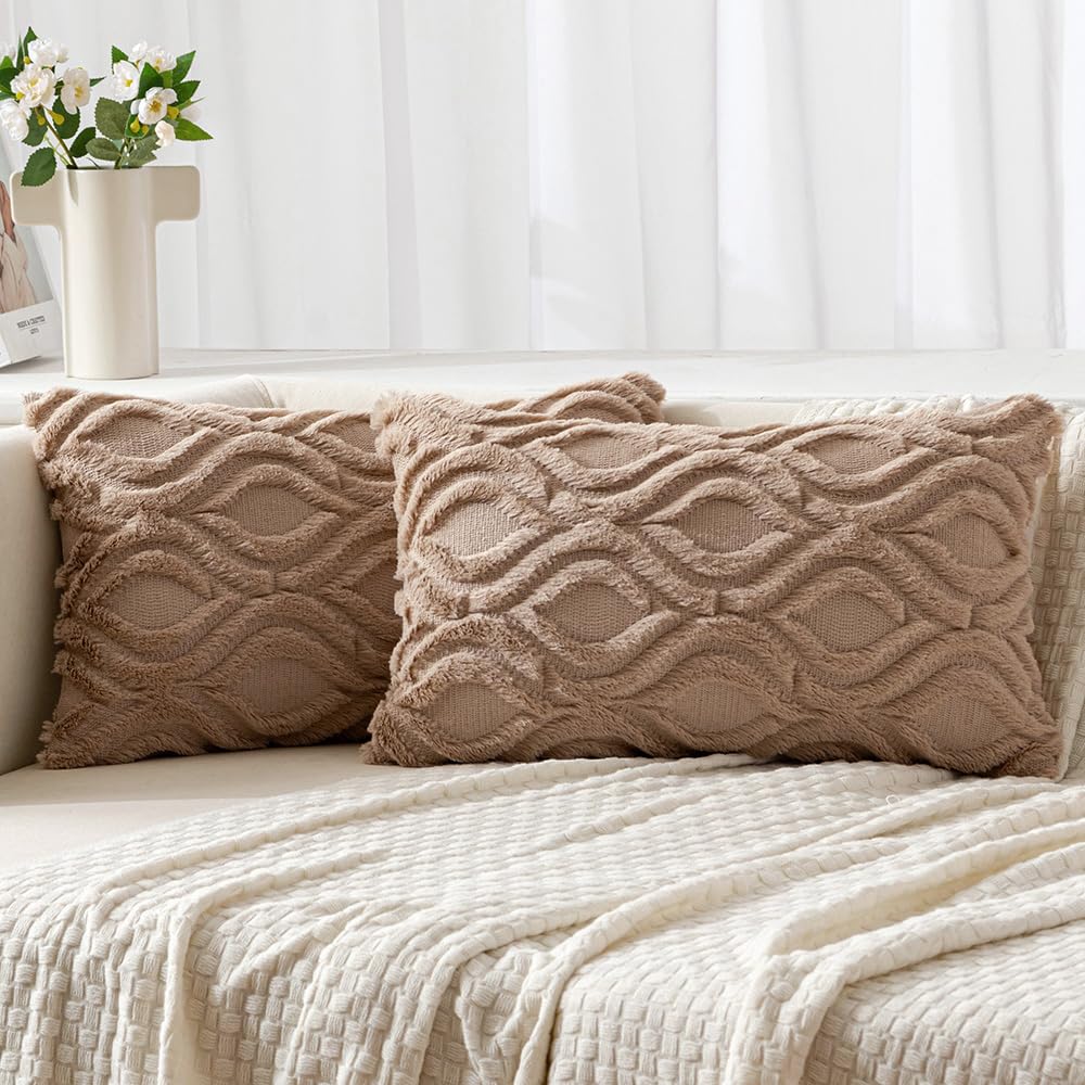 Miulee Light Brown Throw Pillow Covers 12X20 Inch, Soft Plush Faux Wool Couch Pillow Covers Set Of 2 Decorative Farmhouse Boho T