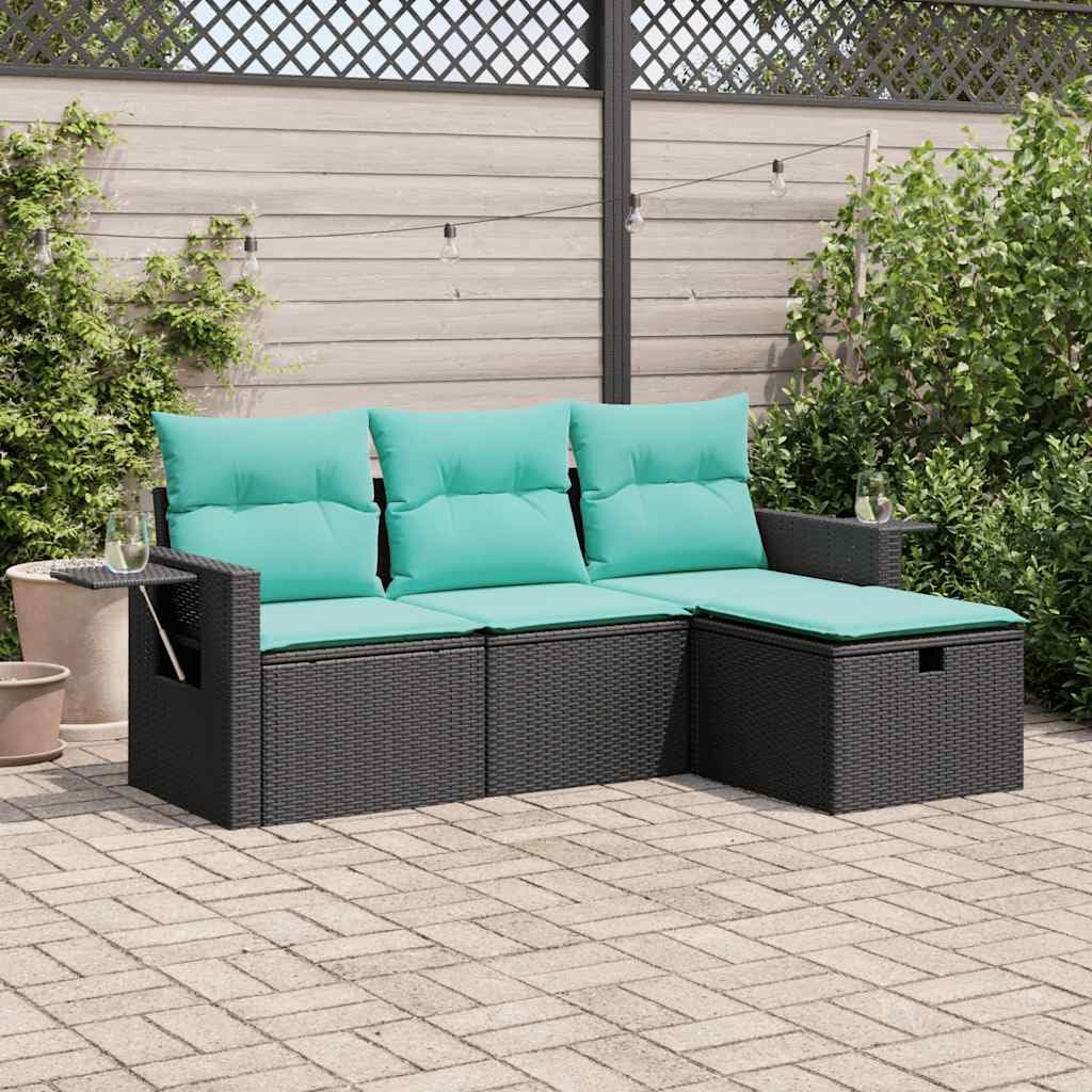 vidaXL 4-Piece Black Poly Rattan Patio Sofa Set with Storage, Cushions & Footstool for Garden, Terrace, Deck - Weather-Resistant, Removable Covers