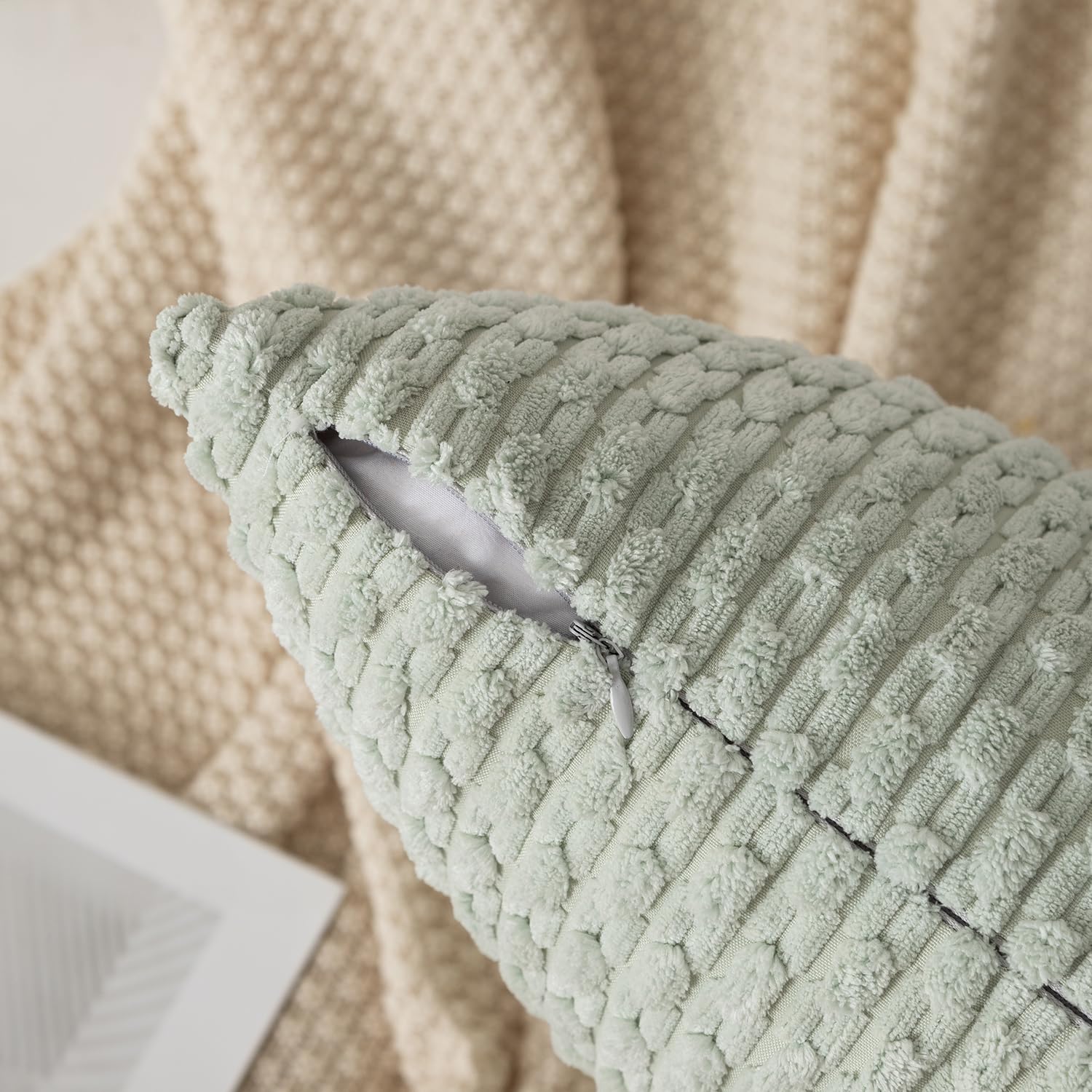 Kevin Textile Pack Of 2 Corduroy Decorative Throw Pillow Covers 16X16 Inch Spring Soft Boho Striped Pillow Covers Modern Farmhouse Home Decor For Spring Sofa Living Room Couch Bed Light Green