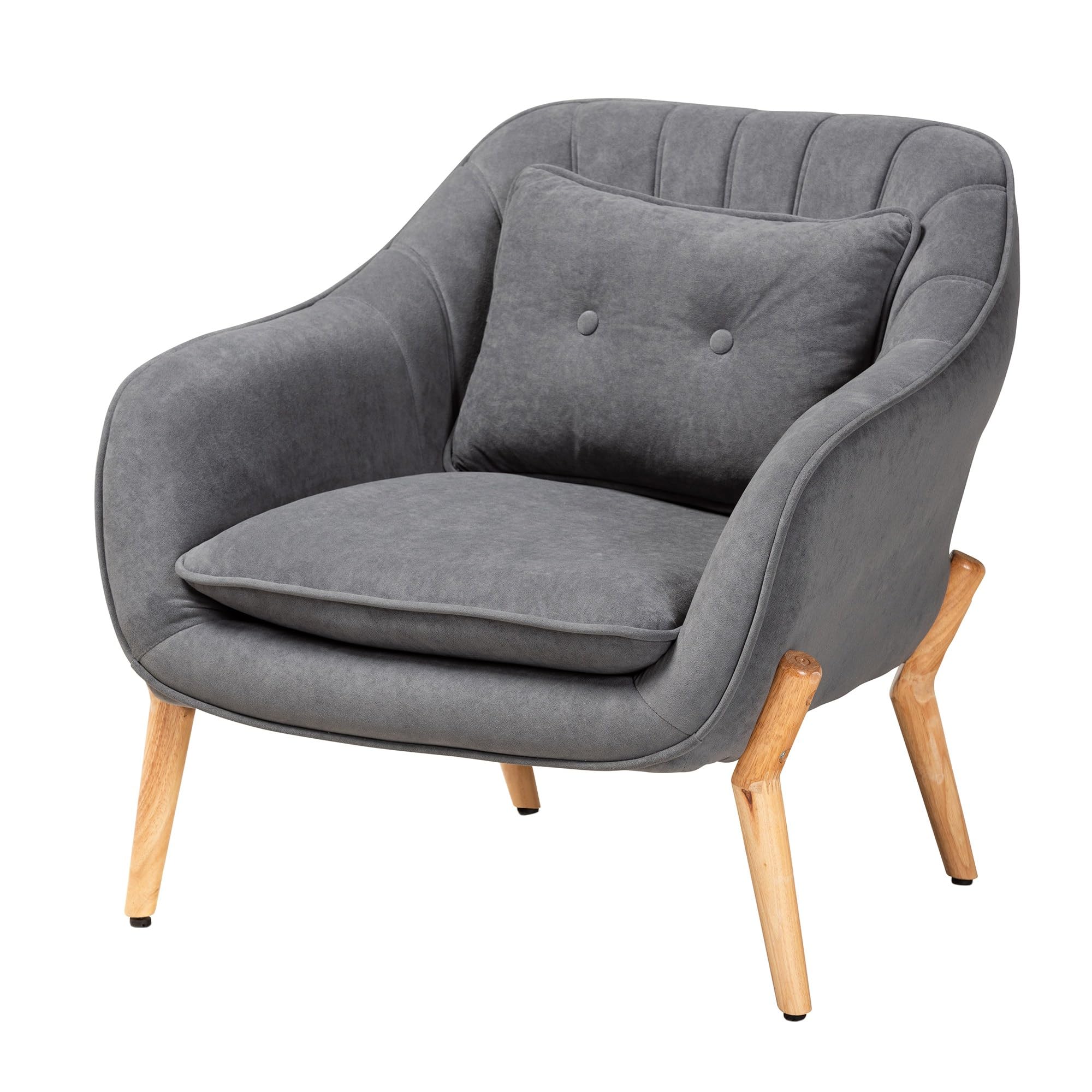 Baxton Studio Valentina Mid-Century Modern Transitional Grey Velvet Fabric Upholstered and Natural Wood Finished Armchair