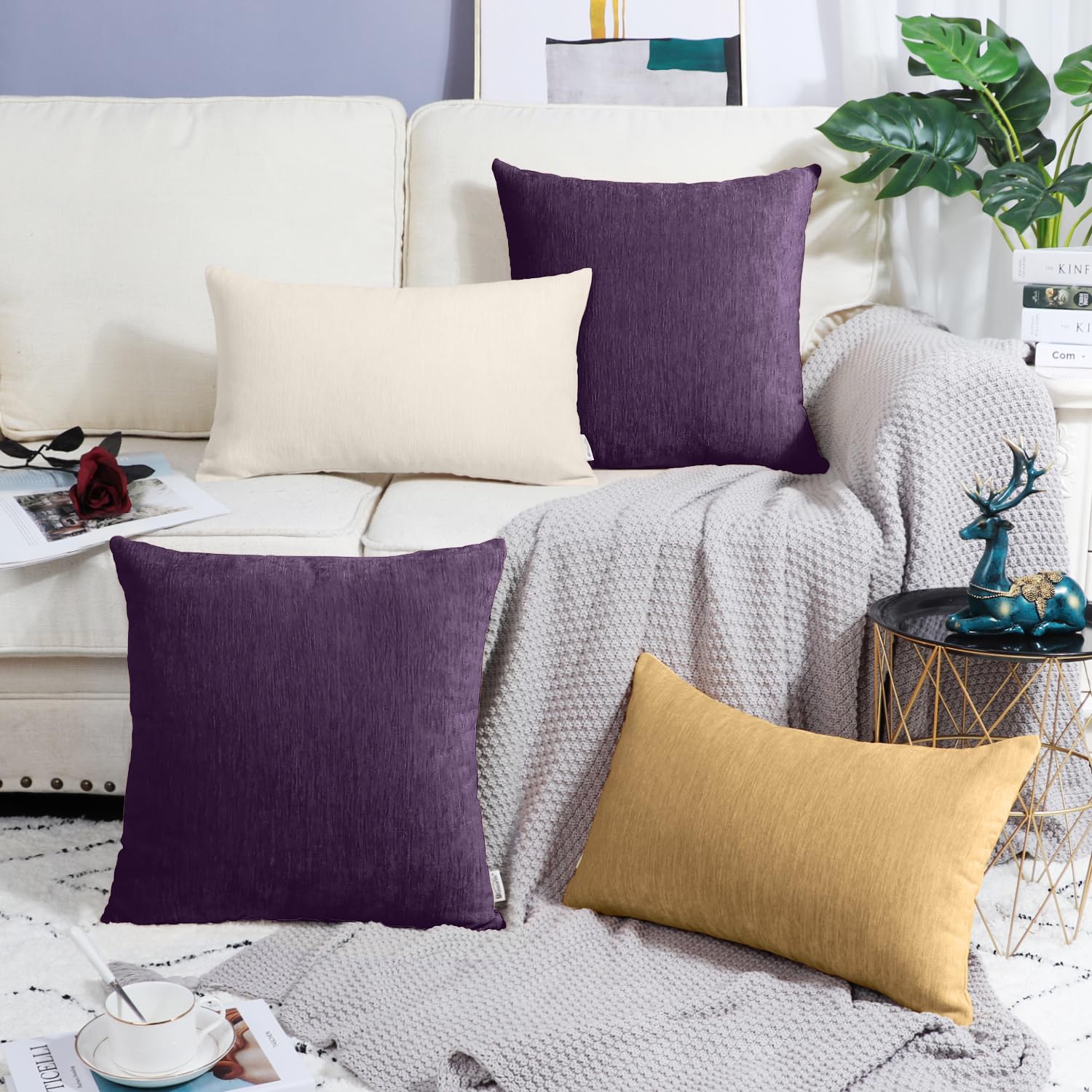 Brawarm Chenille Throw Pillow Covers 22X22 Inches - Purple Chenille Pillow Covers Pack Of 2, Solid Dyed Soft Chenille Pillow Cas