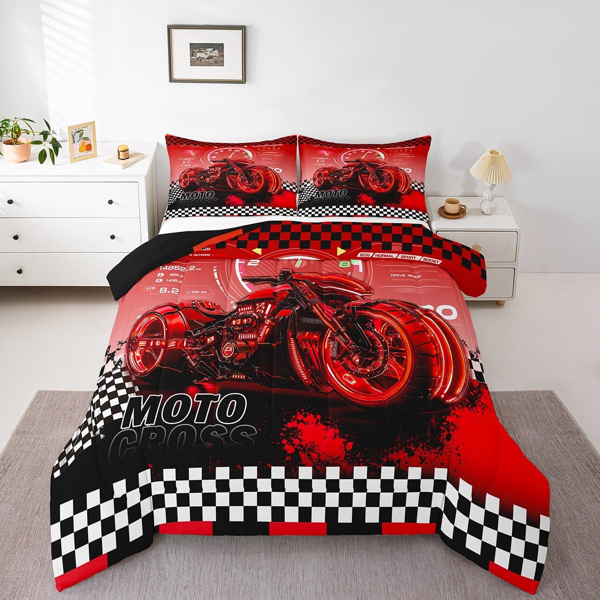 Feelyou Kids Red Dirt Bike Comforter Full Size, Racing Motocross Comforter Set Boys Girls Motorcycle Bedding Set Motorbike Teens