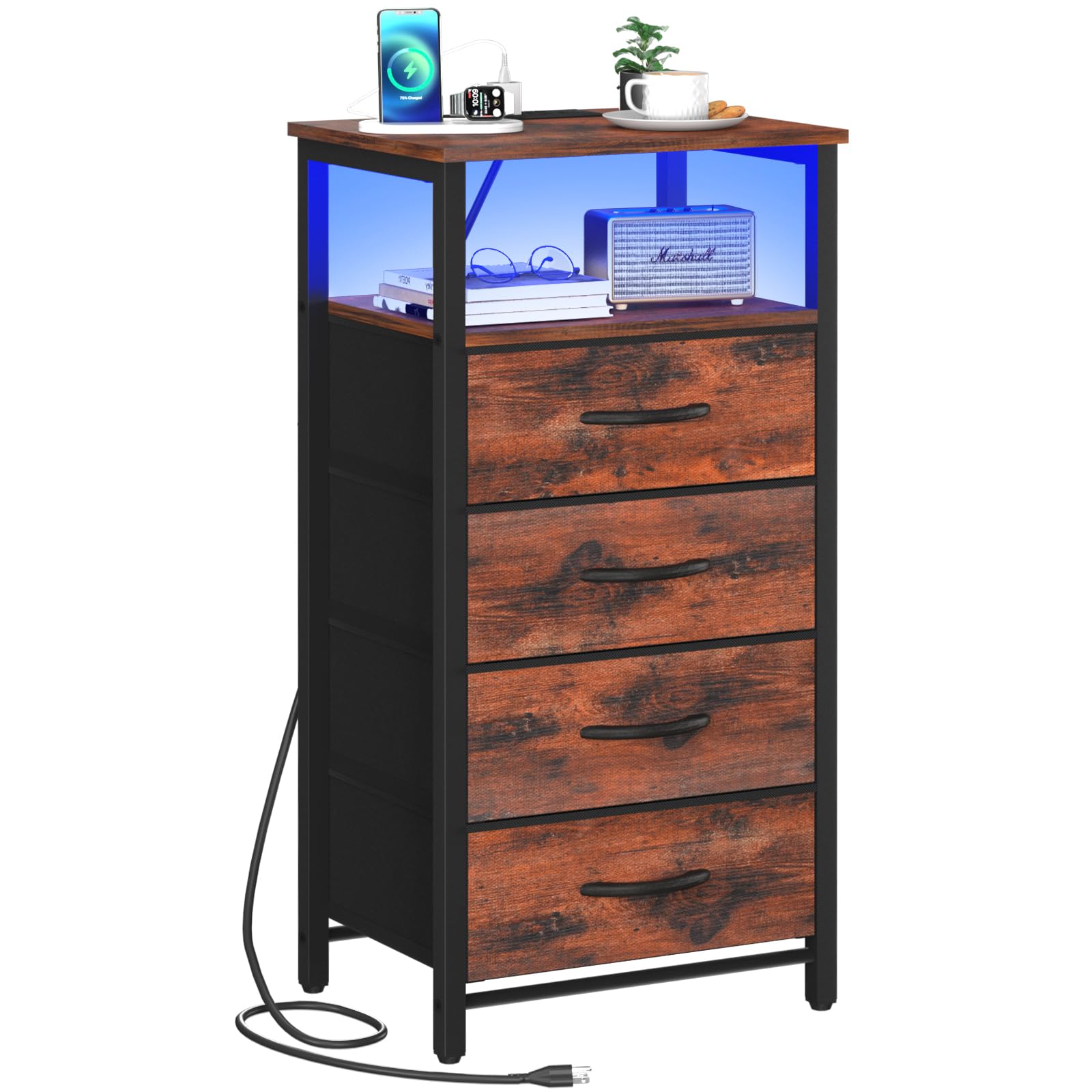Yoobure Night Stand - Led Nightstand With Charging Station, Bedside Table With 4 Fabric Storage Drawers And Storage Shelf, End Table With Usb Ports And Outlets, Tall Dresser For Bedroom, Brown