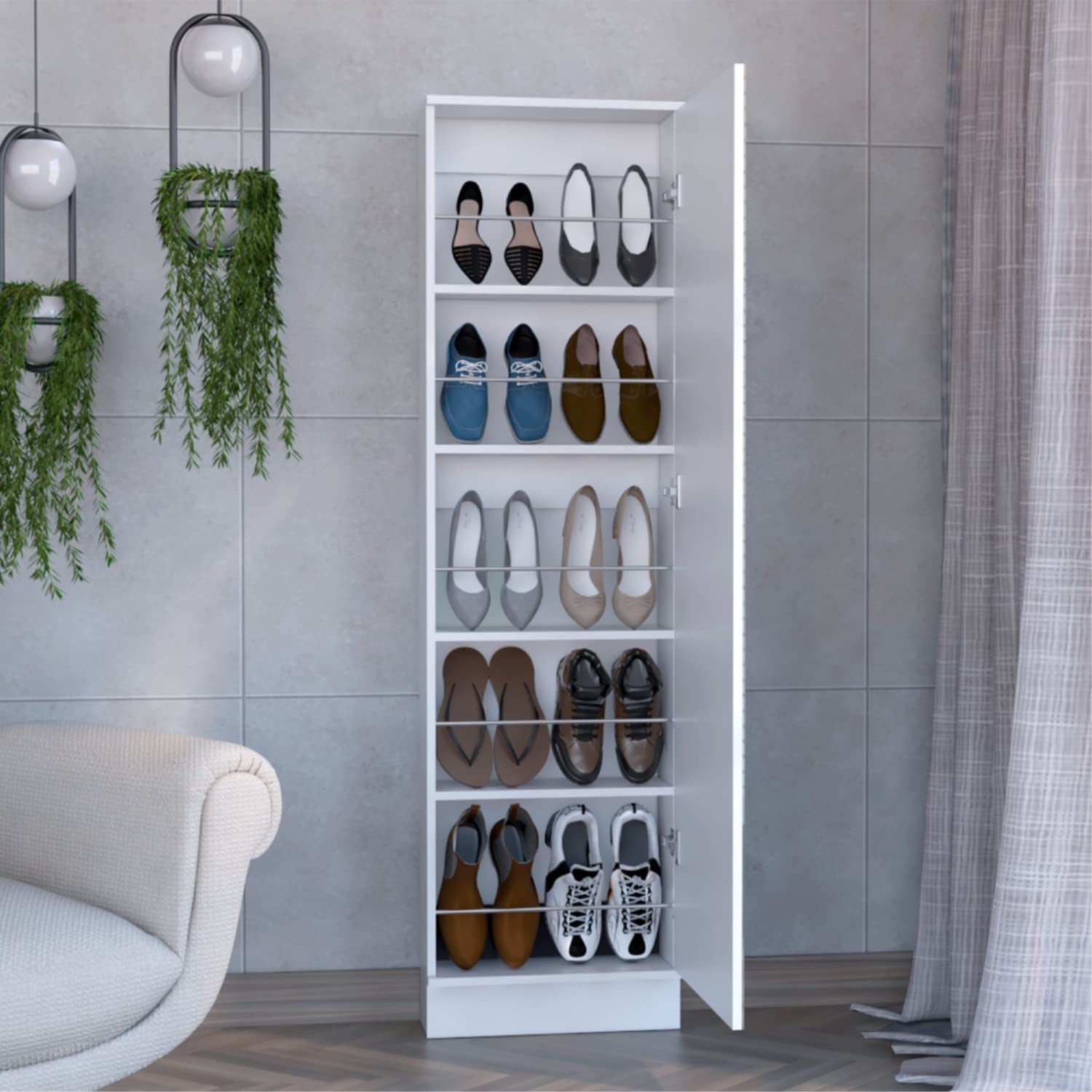 Shoe Rack 67&quot; H, 5 Internal Storage Shelves, A Mirror, A Door, Approximate Capacity of 10 Pairs of Shoes, White