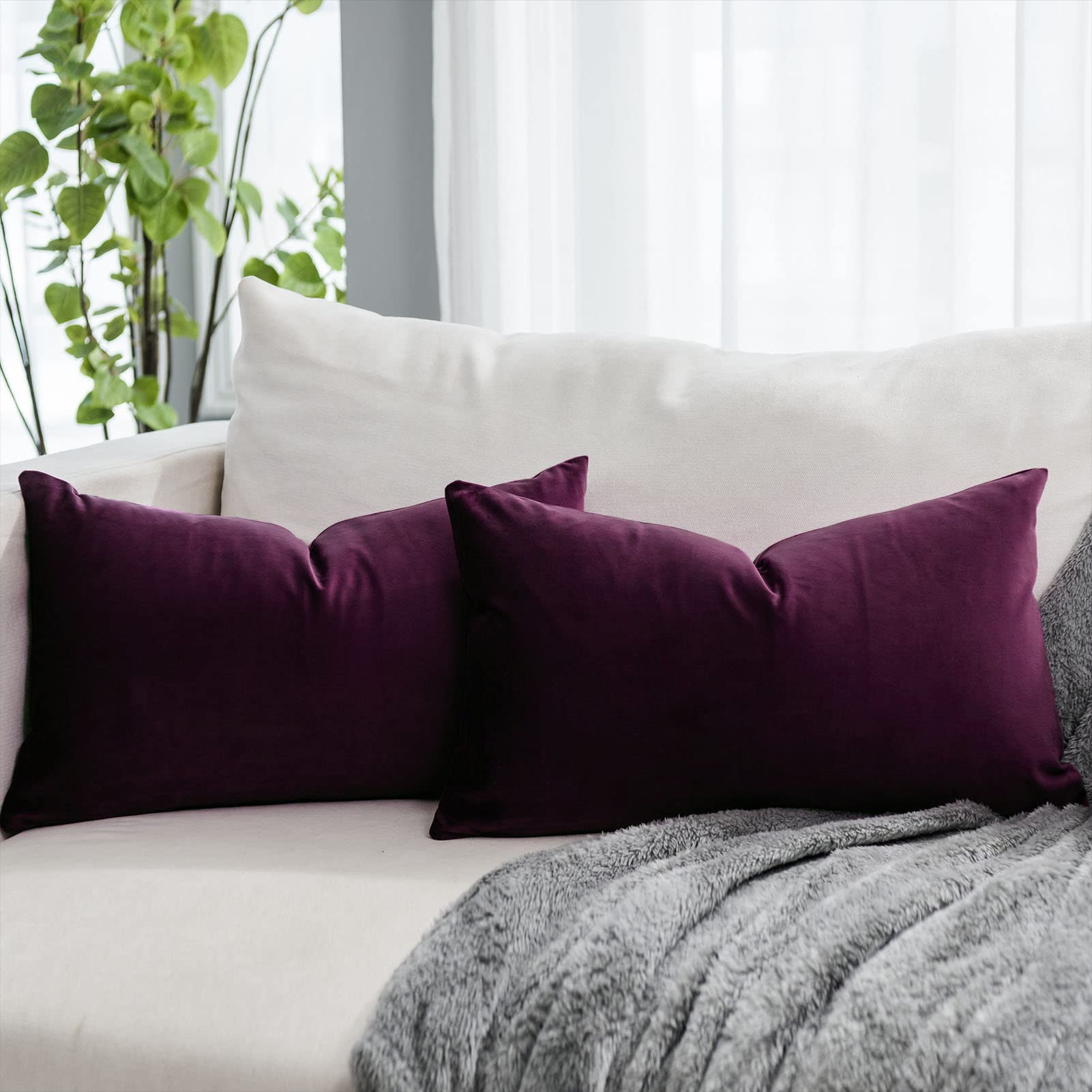 Quafoo Eggplant Purple Decorative Lumbar Velvet Throw Pillow Covers 16X24 Inch Set Of 2 With Zipper Luxury Soft Solid Rectangle