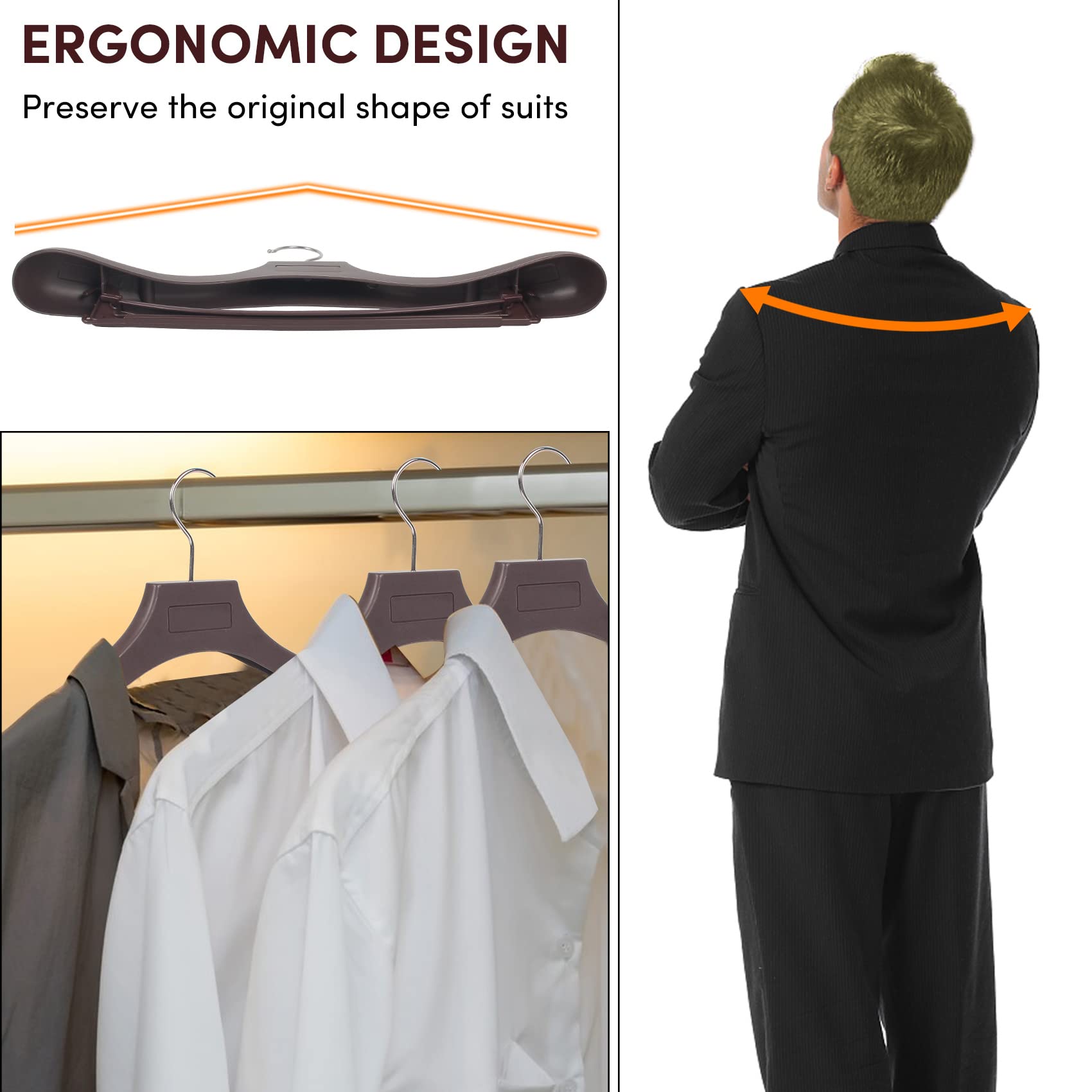 Dedu Suit Hangers For Men 40 Pack, Extra Wide Hangers Non Slip Width 17.7'', Brown Coat Hangers Thick Plastic With Pants Bar 360