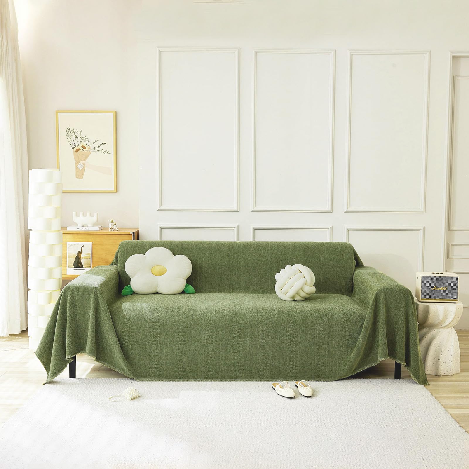 Handontime Green Sofa Cover Vintage Couch Cover For Dogs 91' X134' Couch Cushion Covers With Tassel Herringbone Sofa Cover Boho Sofa Covers For 3 Cushion Couch Chenille Soft Loveseat Sofa Covers