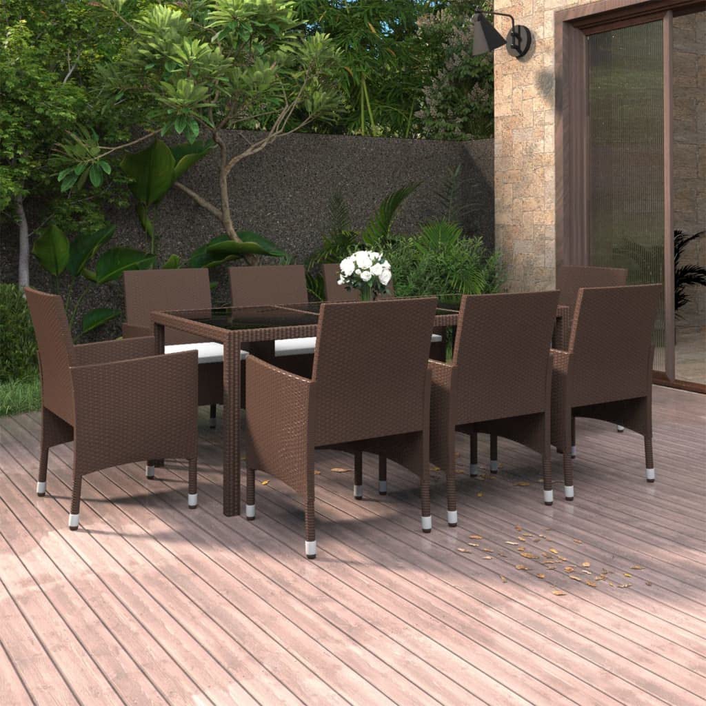 vidaXL Patio Dining Set 9 Piece Garden Outdoor Lawn Yard Terrace Balcony Backyard Table and Chair Seat Seating Furniture Poly Rattan Brown