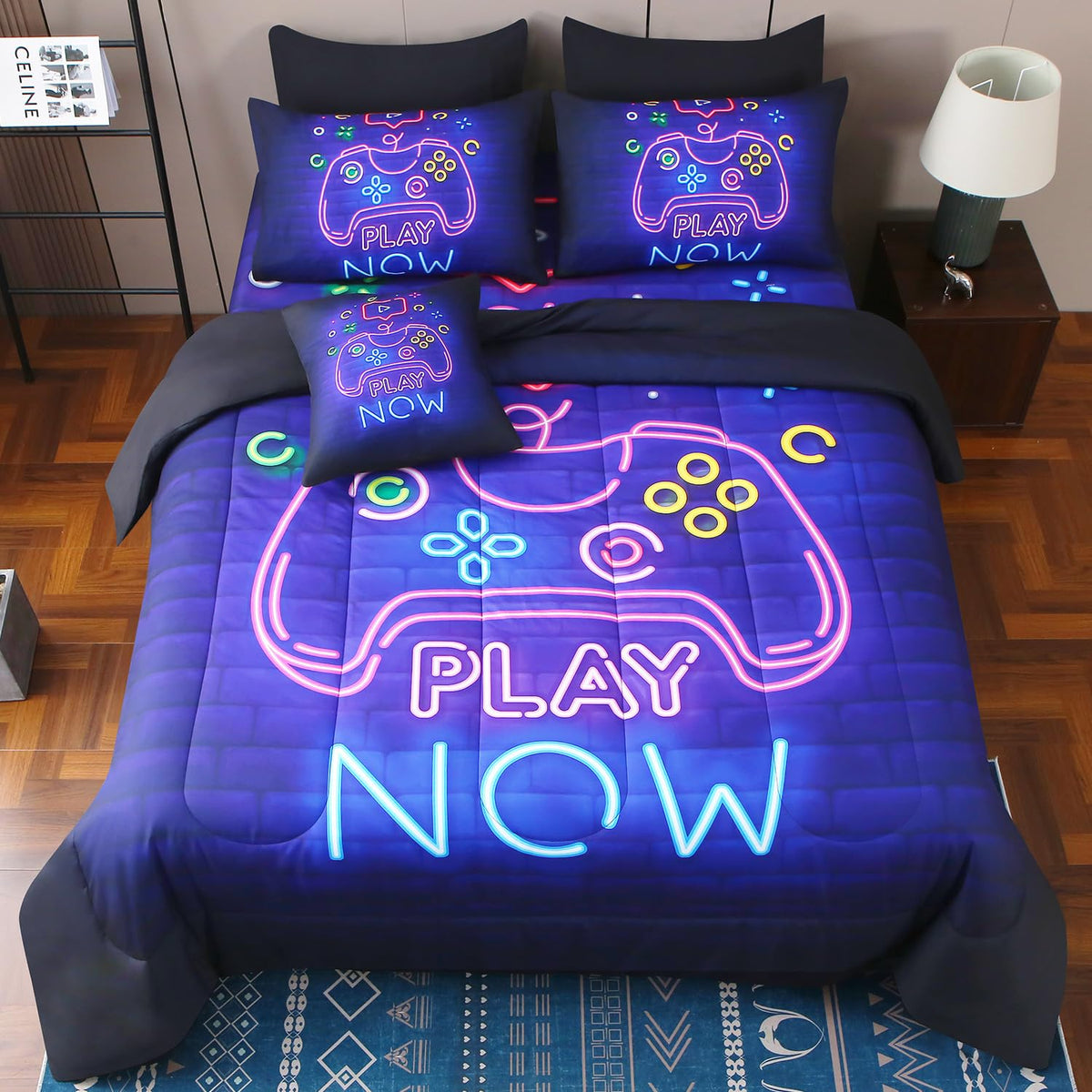 JQinHome Queen Gamer Comforter Set 8 Piece Bed in A Bag for Boys,3D Neon Light Up Design for Classic Console -All Season Soft Mi