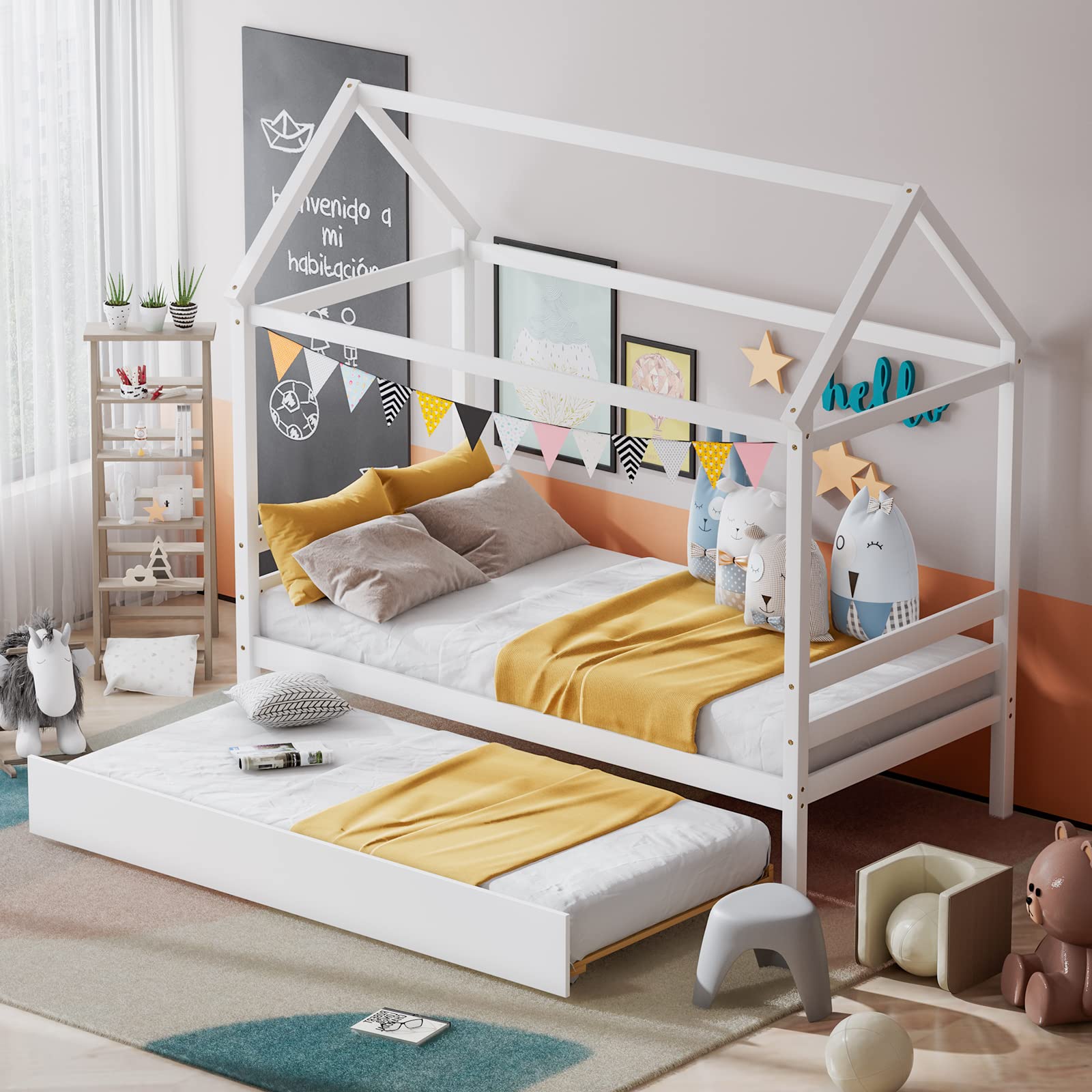 Giantex House Bed With Trundle, Solid Wood Twin Size Daybed For Girls & Boys, Kids Platform Bed Frame With Roof For Bedroom, No Box Spring Needed, White