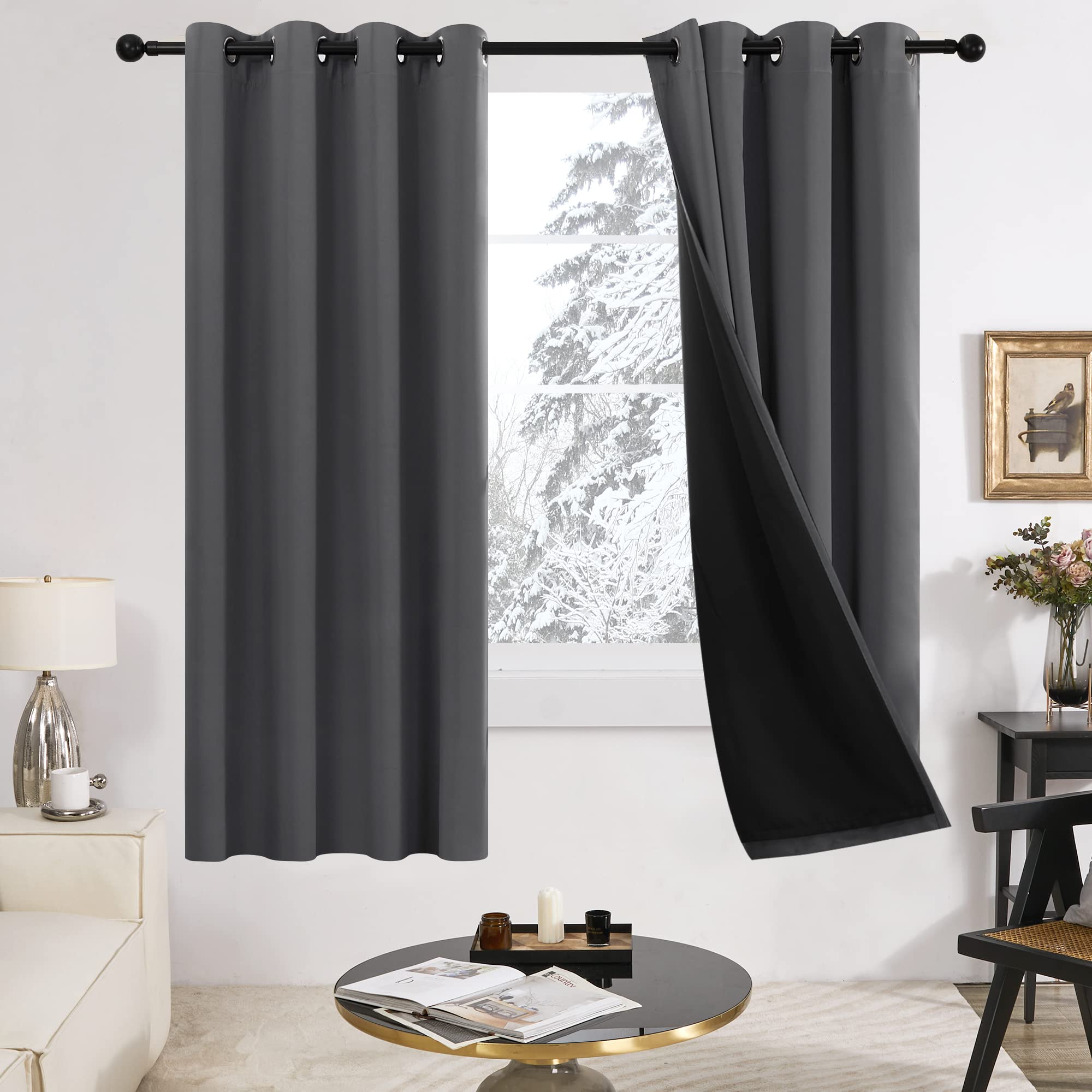 Deconovo 100% Blackout Curtains, Total Blackout Curtains 63 Inch Length, Thermal Insulated Noise Reducing Doubled Window Curtain