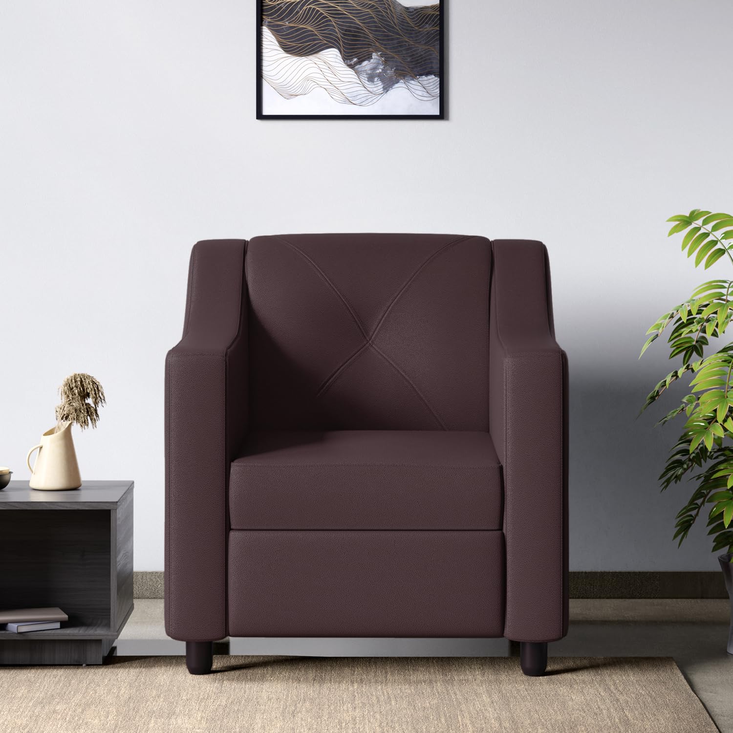 Godrej Interio Sofa Monarch 1 Seater Synthetic Leather Sofa For Living Room, 1Year Warranty, Solid Wood, Burgandy