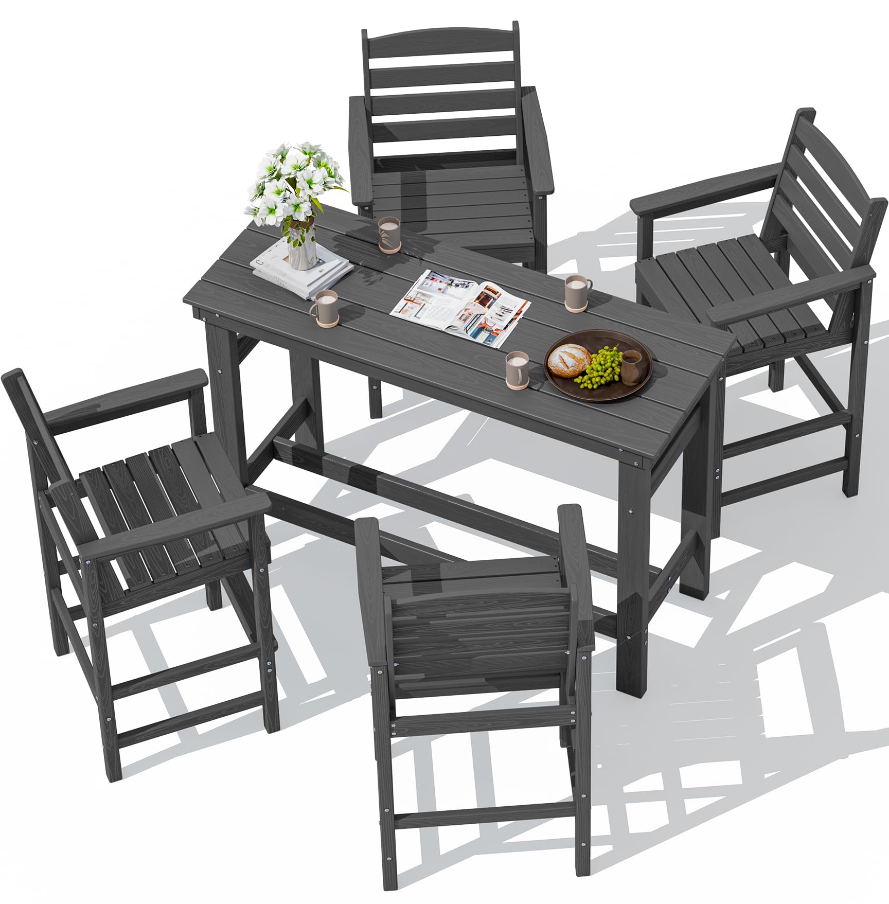 SERWALL Outdoor Bar Set - 4 Adirondack Bar Chairs & Bar Height Table with 1.6 Umbrella Hole, All-Weather HDPE Patio Furniture fo