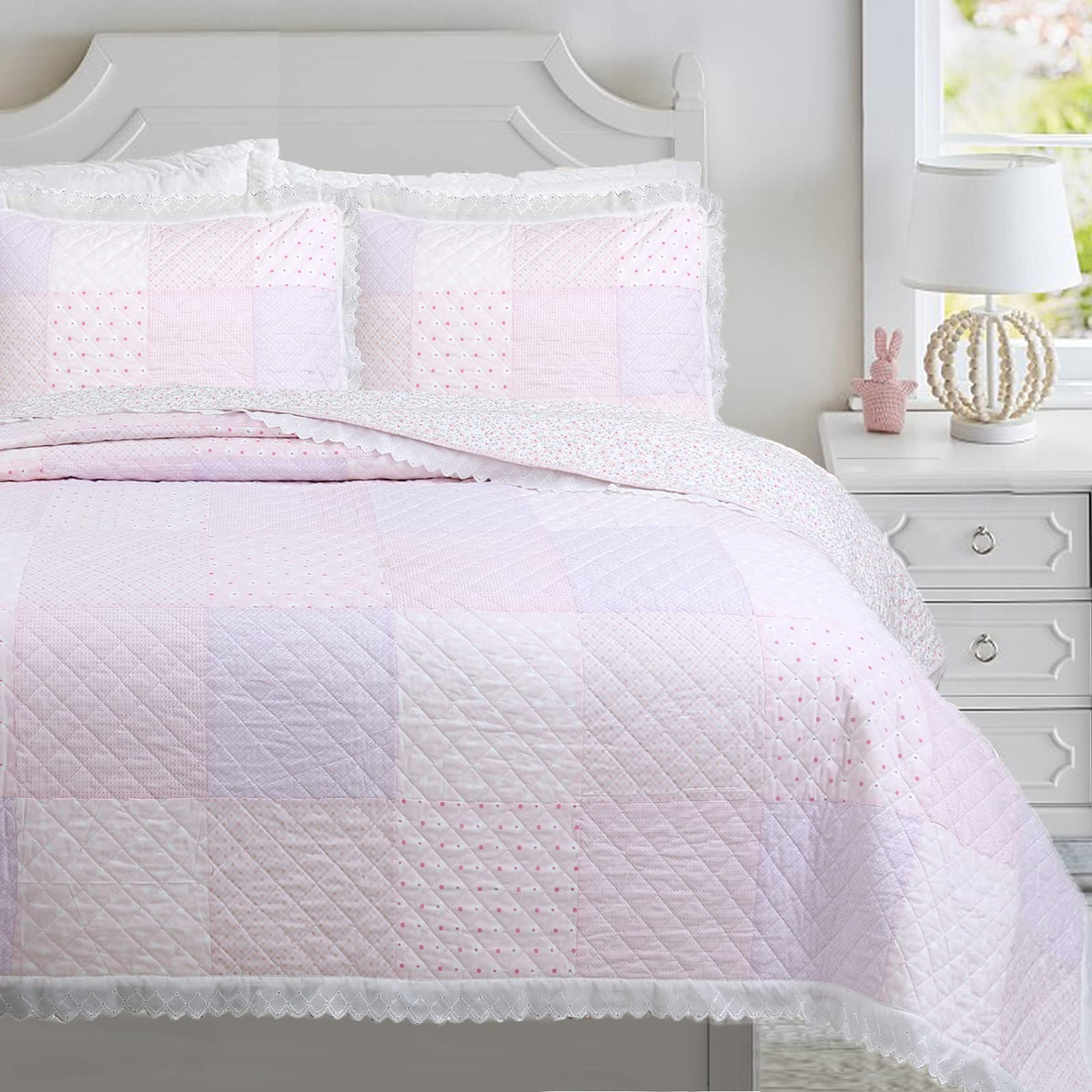 Cozy Line Home Fashions Pink Floral Ruffle Edge Shabby Chic Patchwork Girl 100% Cotton Reversible Quilt Bedding Set, All-Season