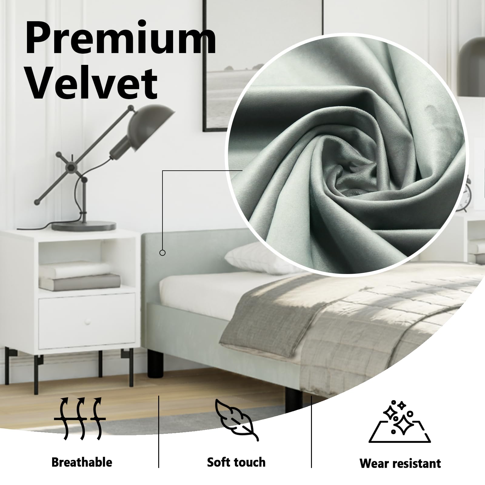 vidaXL Velvet Bed Frame Platform Bed, Scandinavian Style/Slats Support/No Box Spring Needed/Without Mattress/Easy Assembly, Light Grey Twin XL Bed