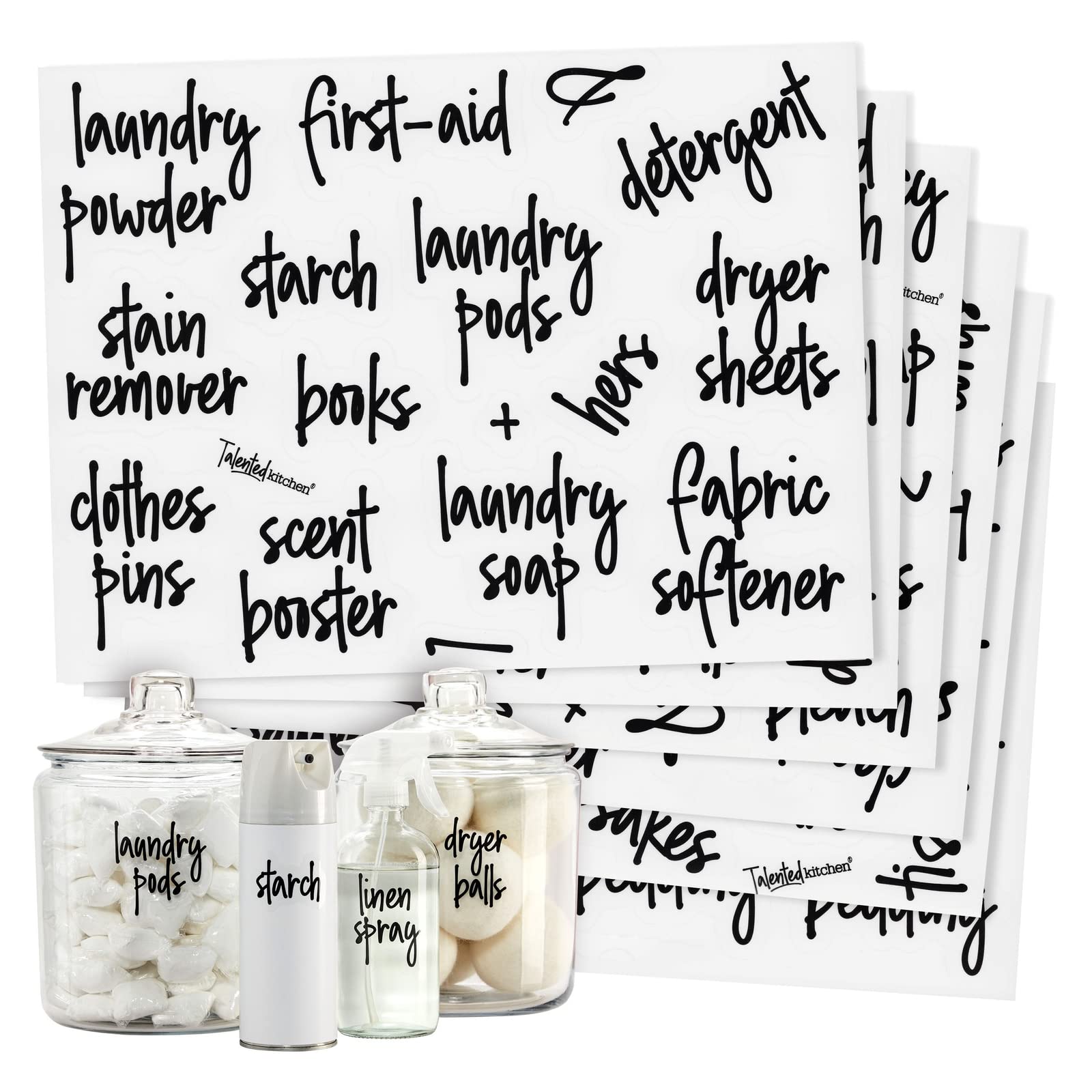 Talented Kitchen 141 Laundry Room Labels for Jars and containers, Preprinted Black Script Stickers for Linen closet, Bathroom Or