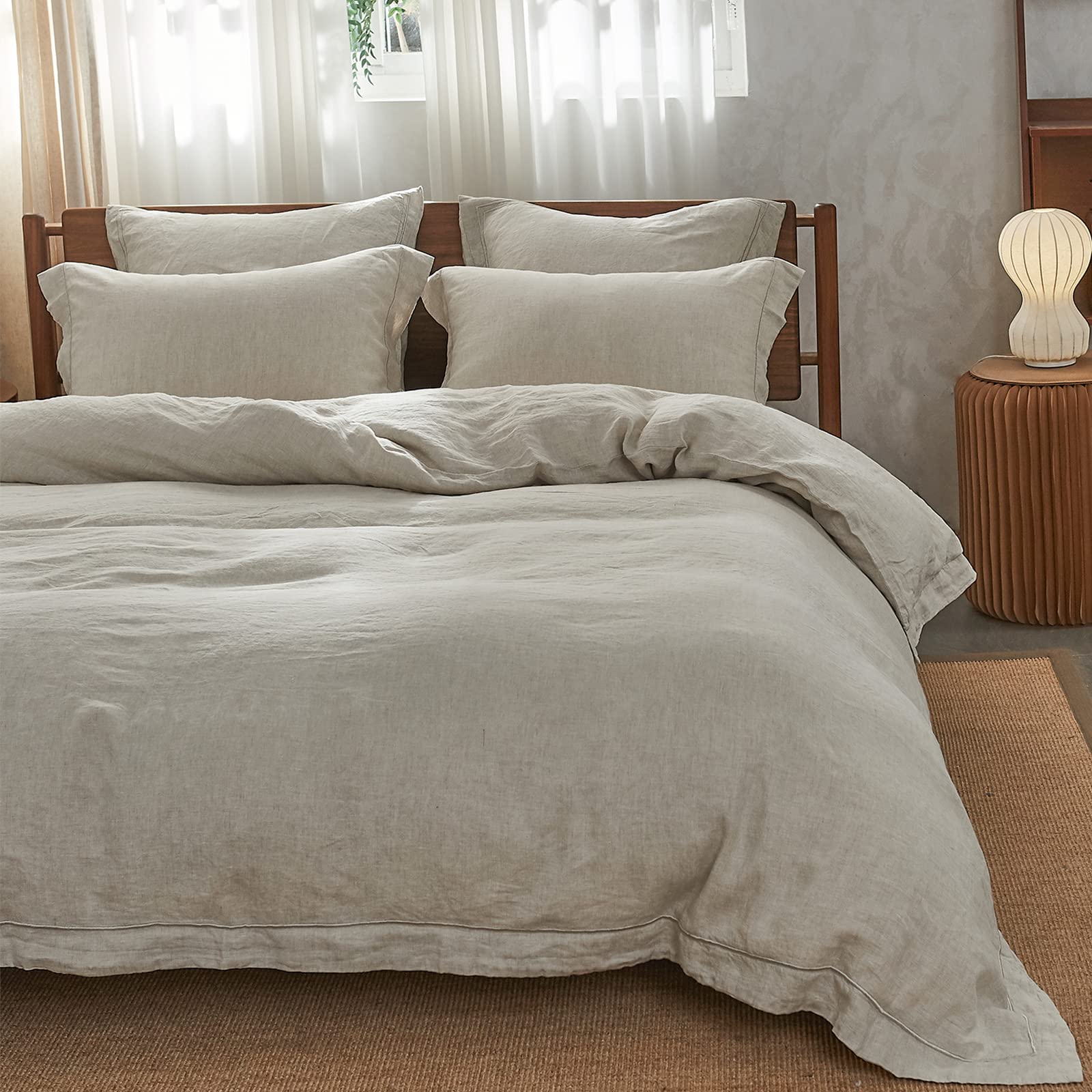 Simple&Opulence 100% Linen Duvet Cover Set With Embroidery Border Washed - 2 Pieces (1 Duvet Cover & 1 Pillow Sham) With Button Closure Soft Breathable Farmhouse - Linen, Twin Size