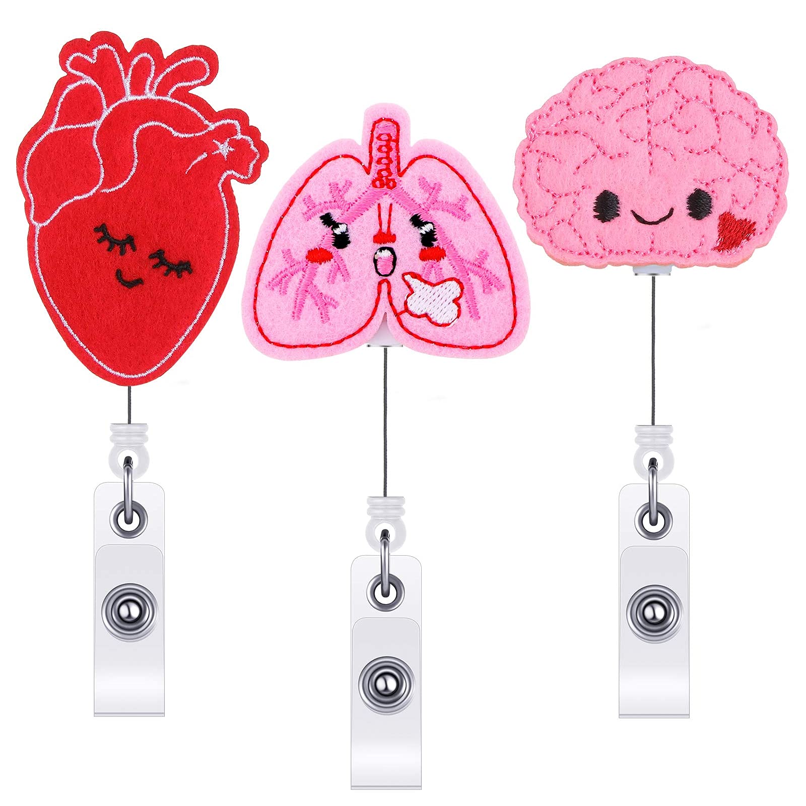 3Pieces Felt Nurse Badge Reels Retractable Badge Holder Cute Brain Heart Lungs Pattern Id Badge Reel Holders With Alligator Clip