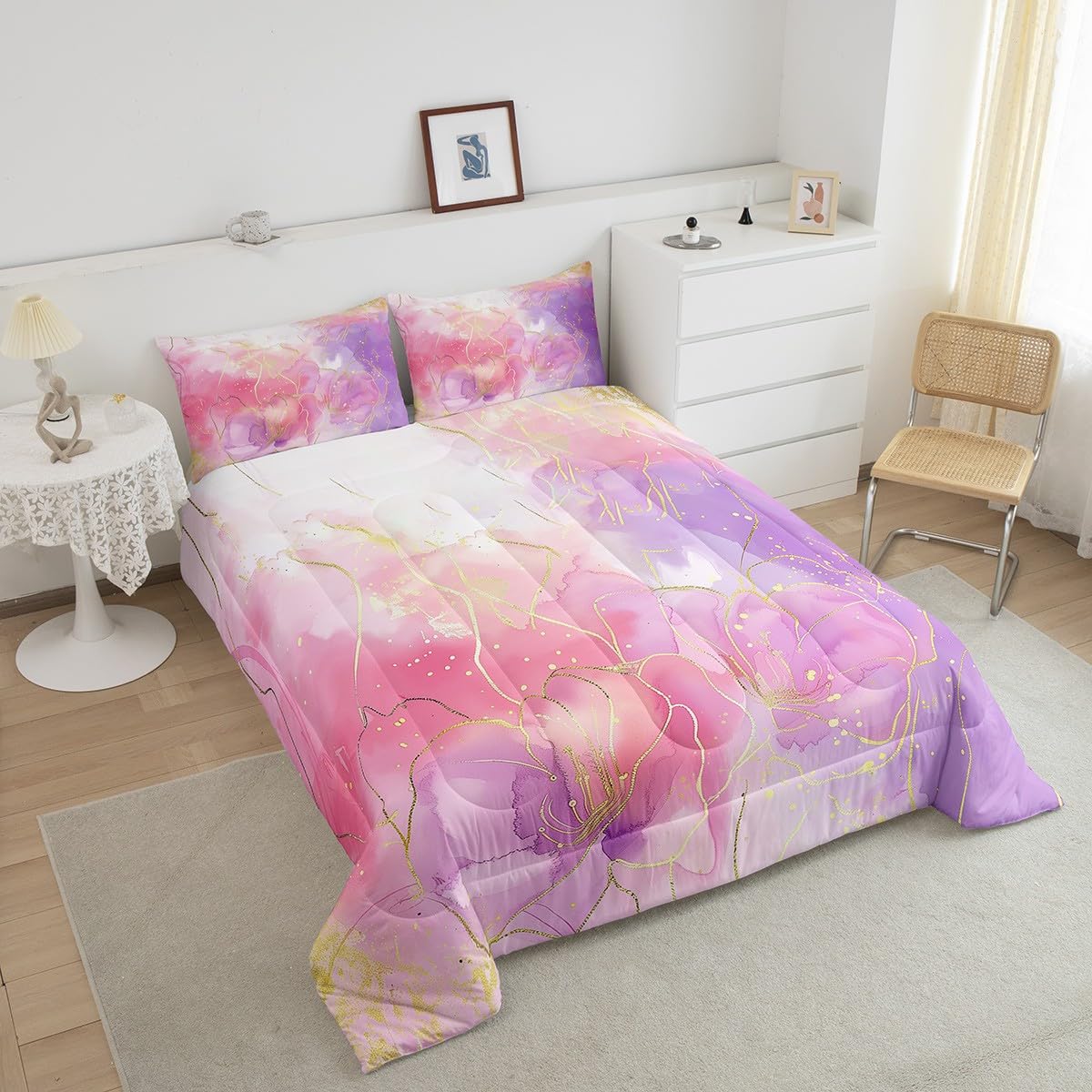 Pink Tie Dye Comforter Set, Marble Art Bedding For Boys Girls Teens Women, Glitter Marbling Printed Bedding Comforter Sets Paste