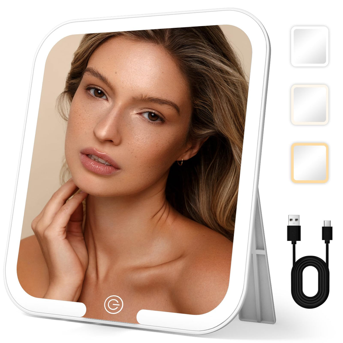 Travel Makeup Mirror with Light, Large Lighted Makeup Mirror 9.2x8inch Tabletop Vanity Mirror with Lights, Rechargeable Desktop 