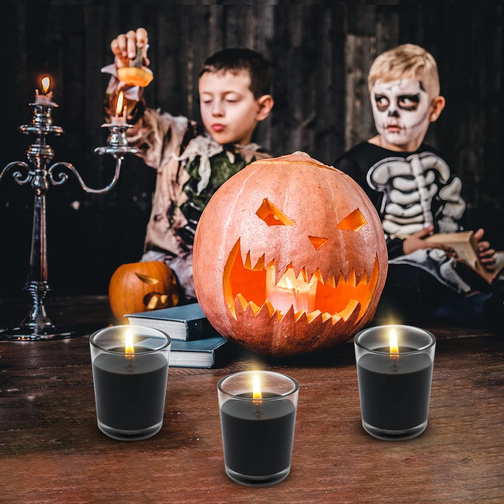 Set Of 12 Black Votive Candles For Halloween Pumpkin, Clear Glass Filled Unscented Soy Wax Candle For Dinner, Parties, Home Deco