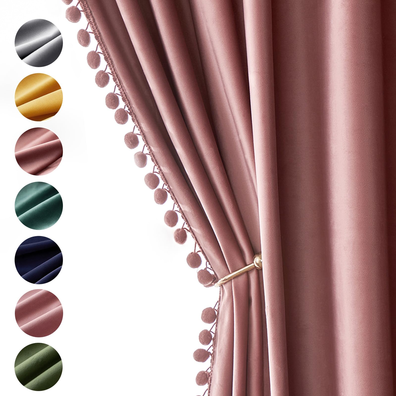 Miulee Dry Rose Pink Pom Pom Velvet Curtains For Bedroom/Living Room Darkening Thermal Insulating 84 Inches Long Blackout Curtai