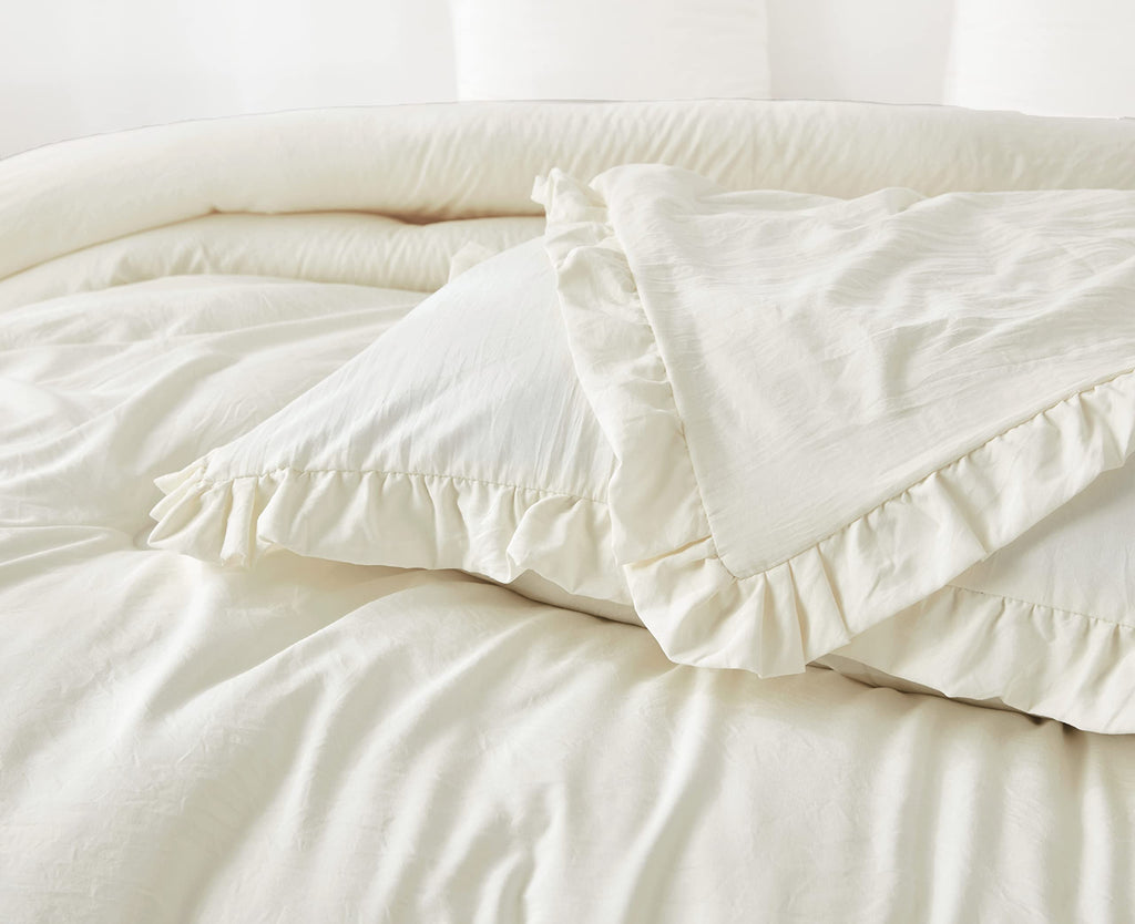Chezmoi Collection Nora 3-Piece Ruffled Edge Trim Soft Washed Microfiber Comforter Set (King, Ivory)