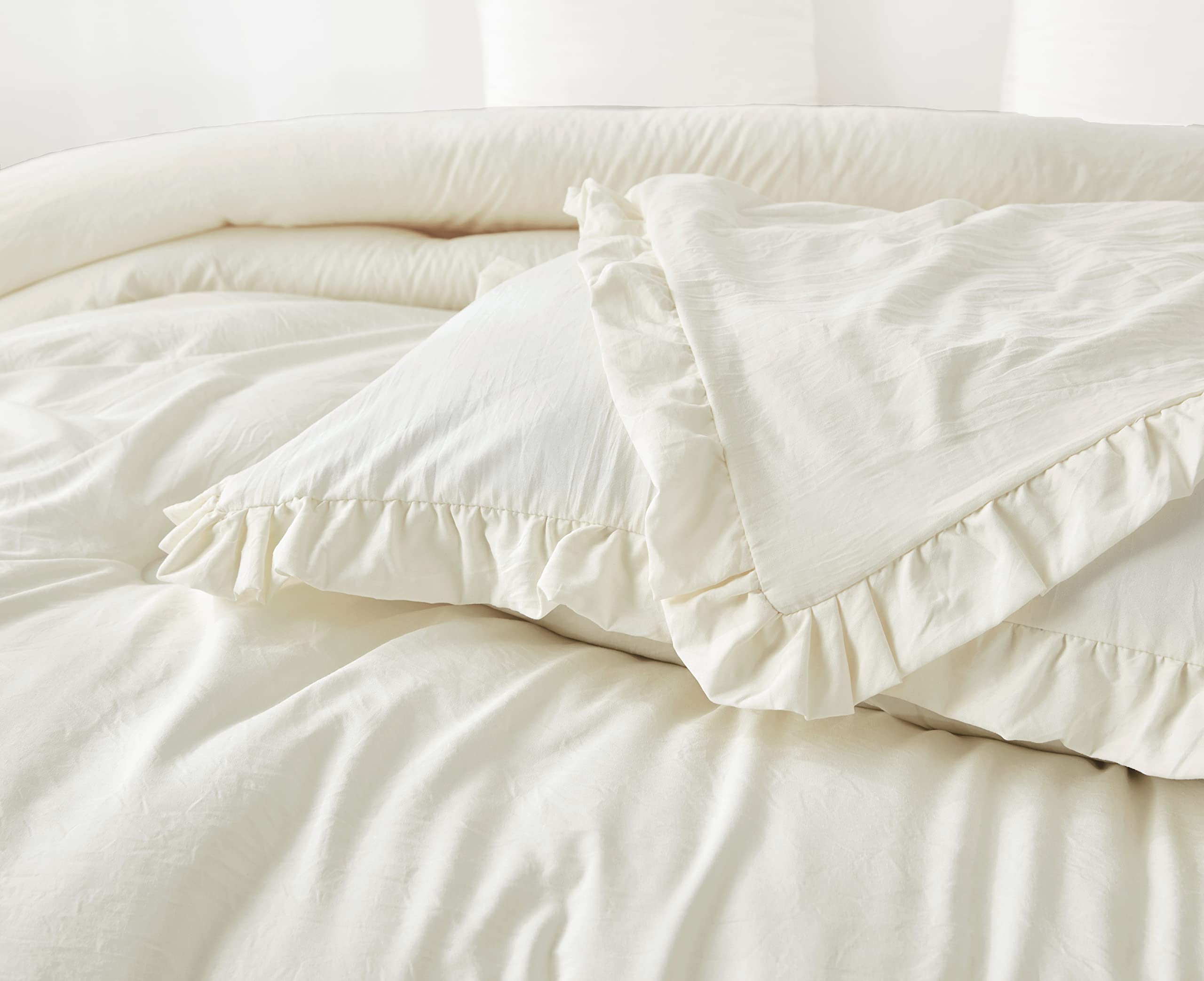 Chezmoi Collection Nora 3-Piece Ruffled Edge Trim Soft Washed Microfiber Comforter Set (Full, Ivory)