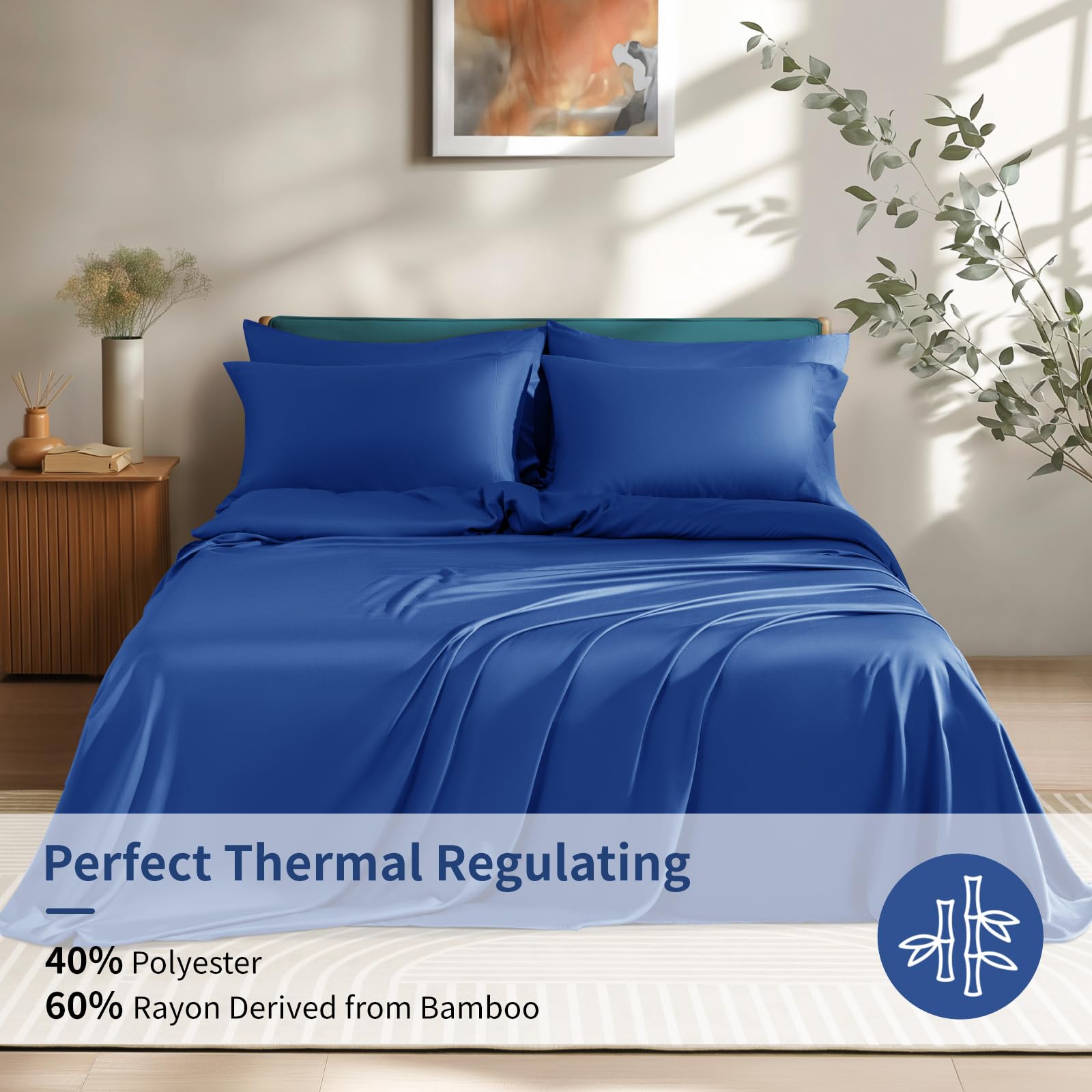 Shilucheng 6 Piece King Sheet Sets, Cooling Sheets, Blend Rayon Derived From Bamboo, Deep Pocket Up To 16', Breathable & Soft Bed Sheets, Hotel Silky Bedding Set, Navy Blue