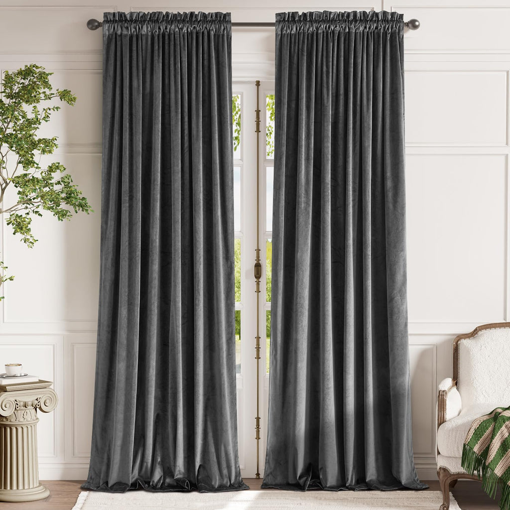 Lazzzy Velvet Grey Blackout Curtains 108 Inches Long Thermal Insulated Drapes for Bedroom Living Room Darkening Window Treatment