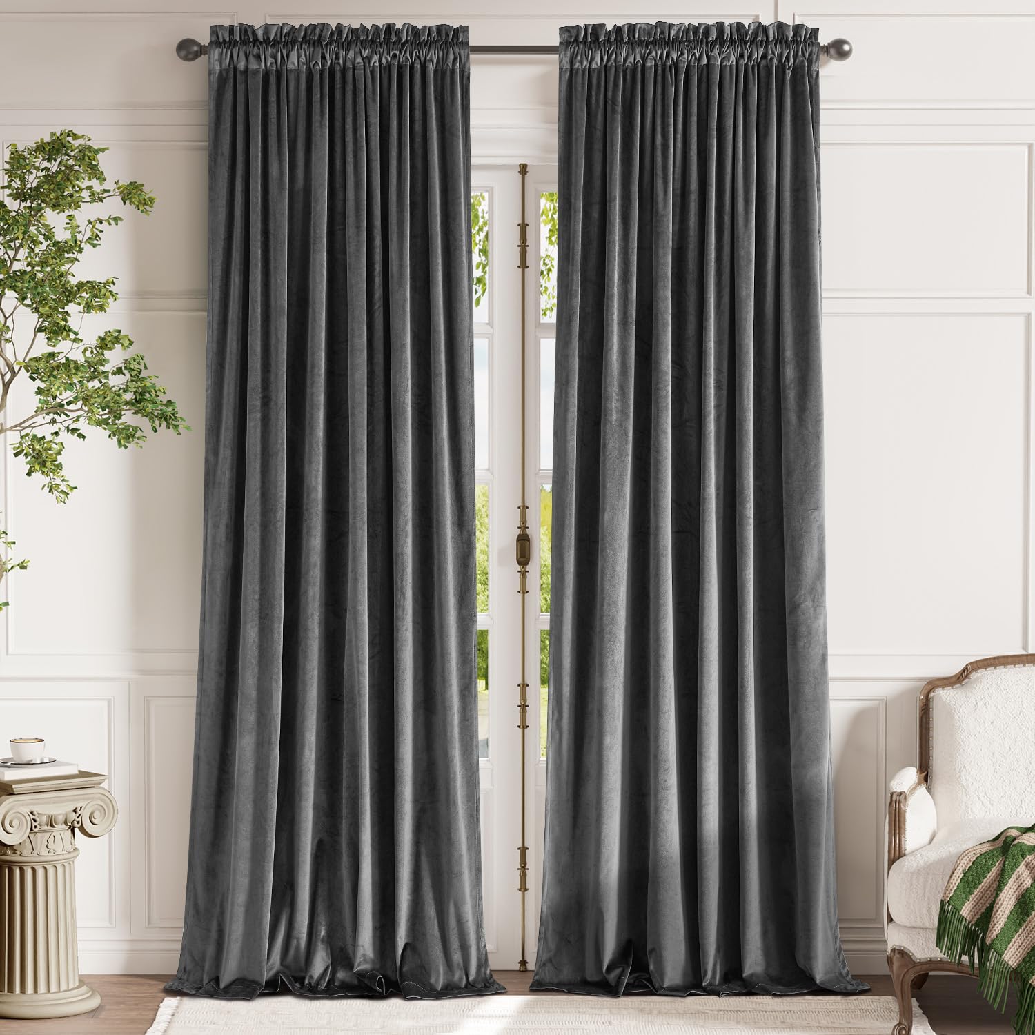 Lazzzy Velvet Grey Blackout Curtains 108 Inches Long Thermal Insulated Drapes for Bedroom Living Room Darkening Window Treatment