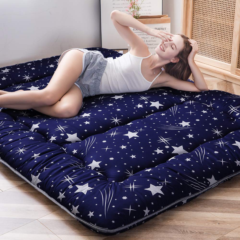 Maxyoyo Navy Starry Sky Japanese Floor Futon Mattress, Tatami Floor Mat Portable Camping Mattress Sleeping Pad Foldable Roll Up Floor Lounger Bed Full Size With Mattress Protector Cover