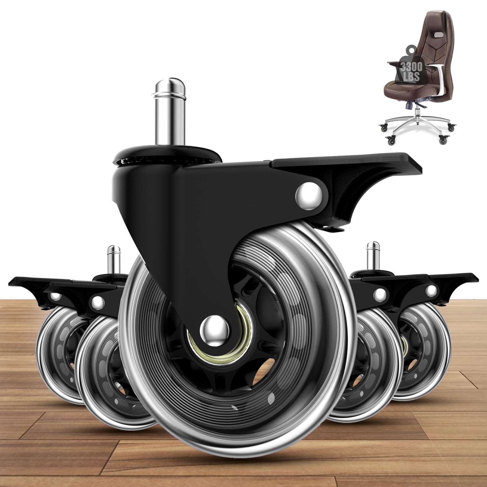 Lipshome Office Chair Caster Set Of 5 With Brakes, Heavy Duty 3' Universal Locking Casters For Carpet And Hardwood Floors And M