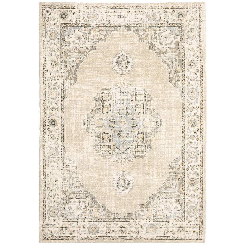 HomeRoots Nylon, Polypropylene 7'x9' Beige and Ivory Center Jewel Area Rug